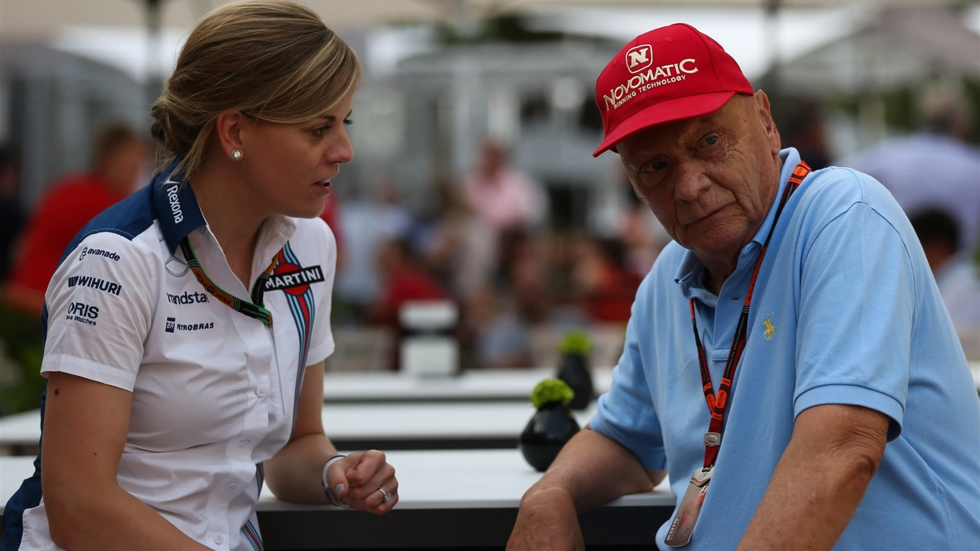 Susie Wolff (GBR) Williams Test and Development Driver and Niki Lauda (AUT) Mercedes AMG F1