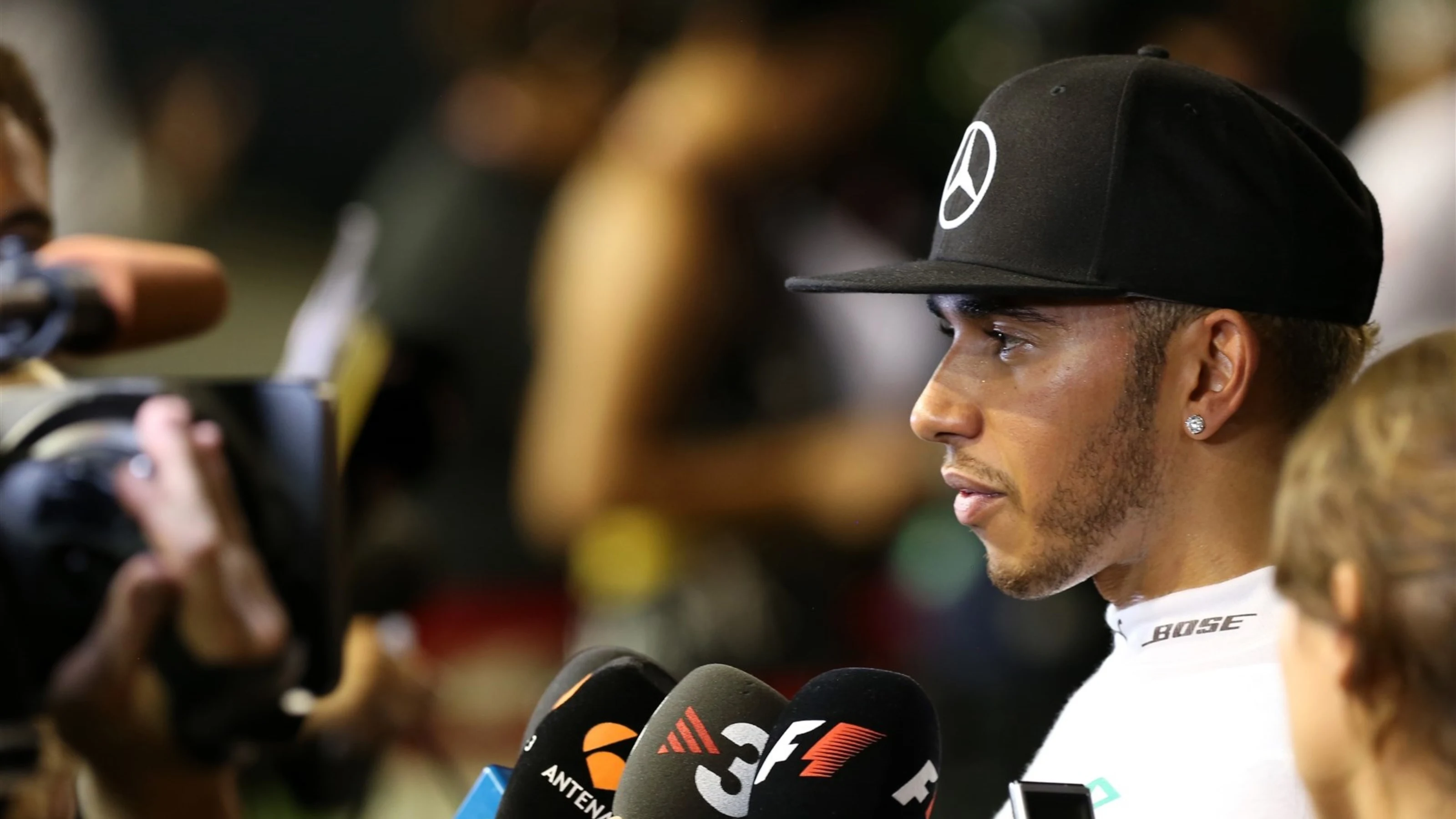 Race retiree Lewis Hamilton (GBR) Mercedes AMG F1 talks with the media at Formula One World