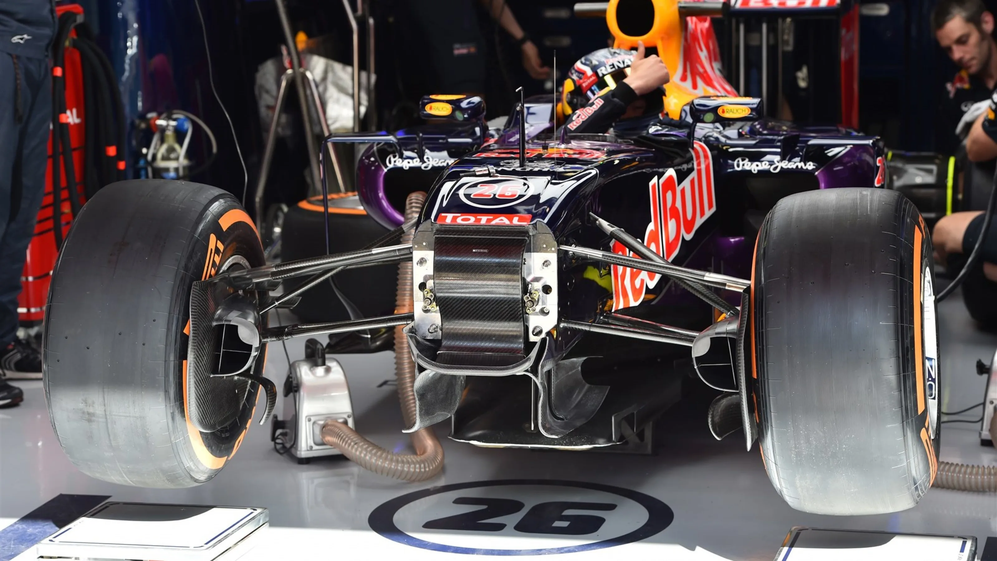 Red Bull Racing RB11 in the garage at Formula One World Championship, Rd5, Spanish Grand Prix