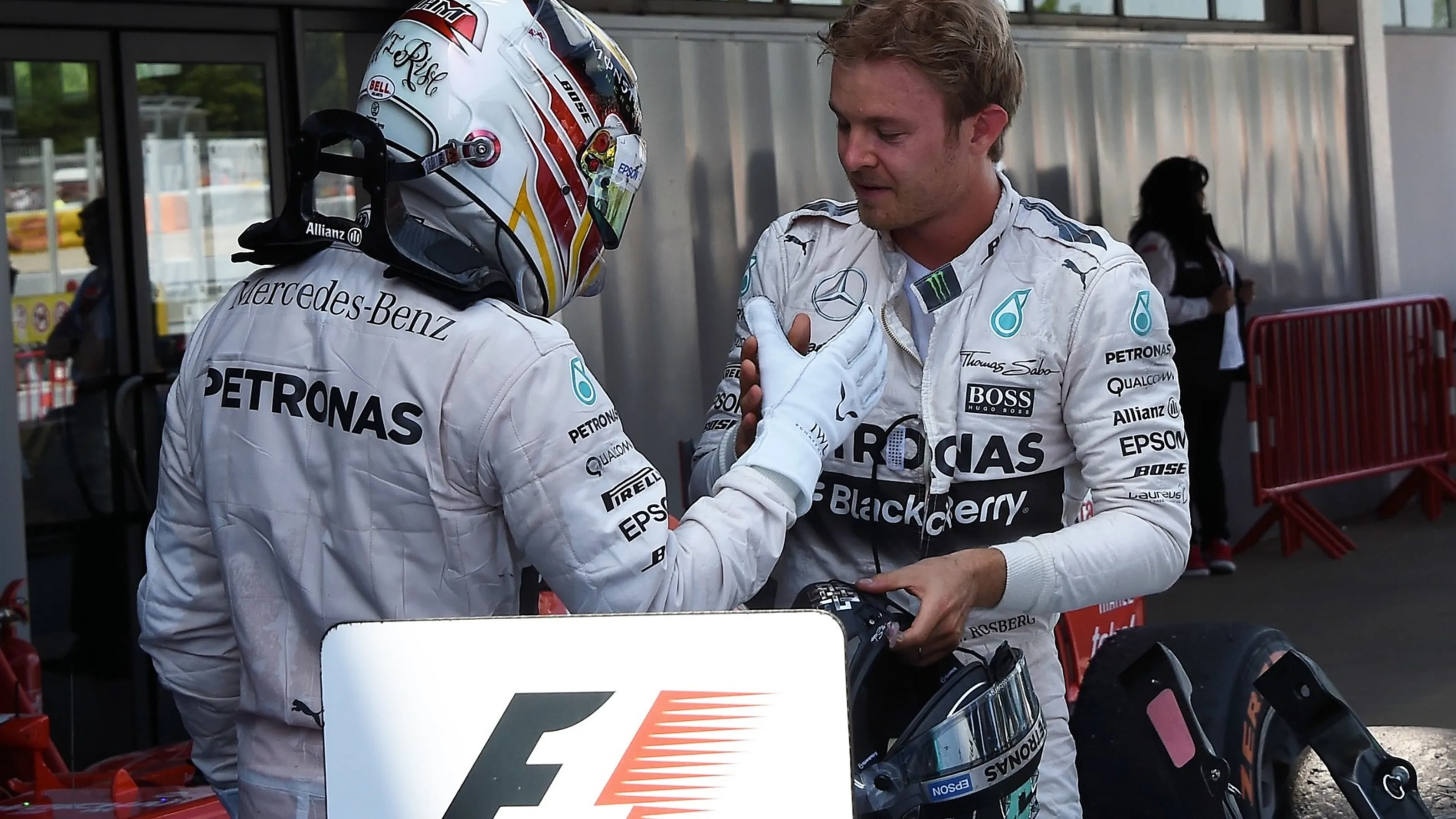 Race winner Nico Rosberg (GER) Mercedes AMG F1 celebrates with Lewis Hamilton (GBR) Mercedes AMG F1