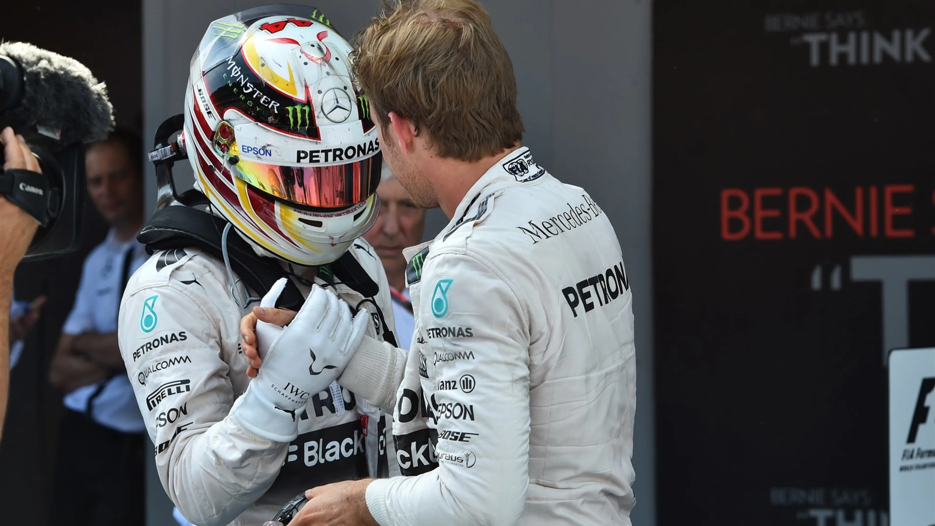 Race winner Nico Rosberg (GER) Mercedes AMG F1 celebrates in parc ferme with Lewis Hamilton (GBR)