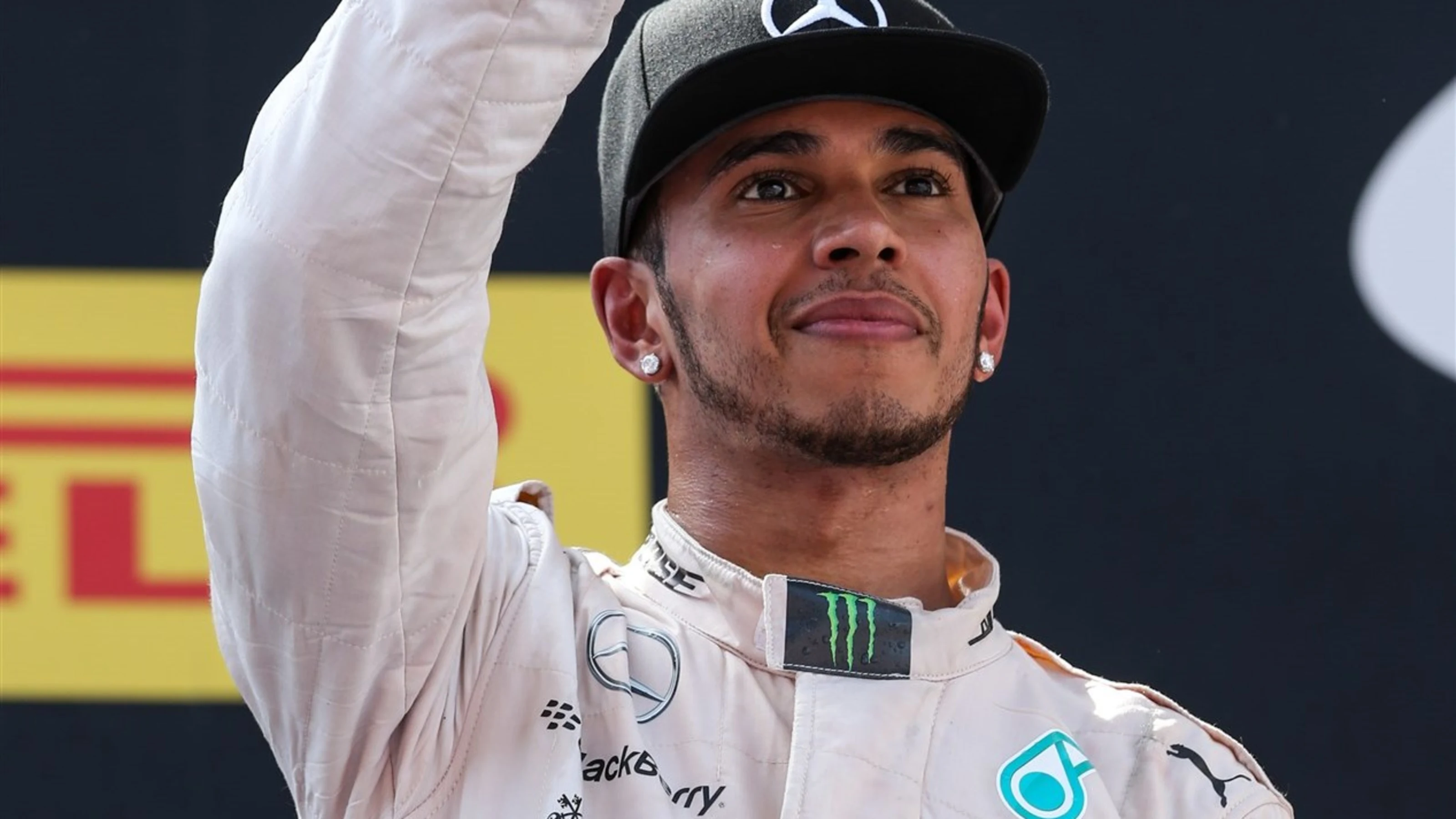 Lewis Hamilton (GBR) Mercedes AMG F1 celebrates on the podium at Formula One World Championship,