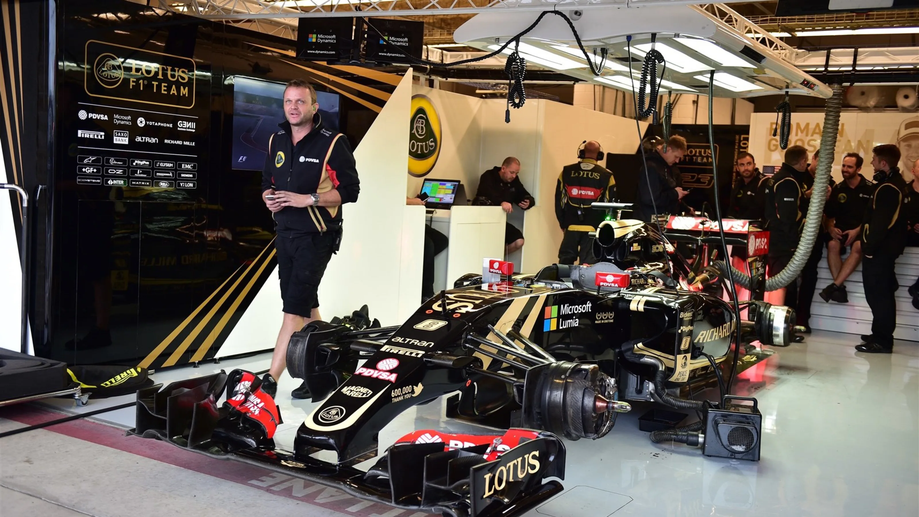 The car of Romain Grosjean (FRA) Lotus E23 Hybrid in the garage at Formula One World Championship,