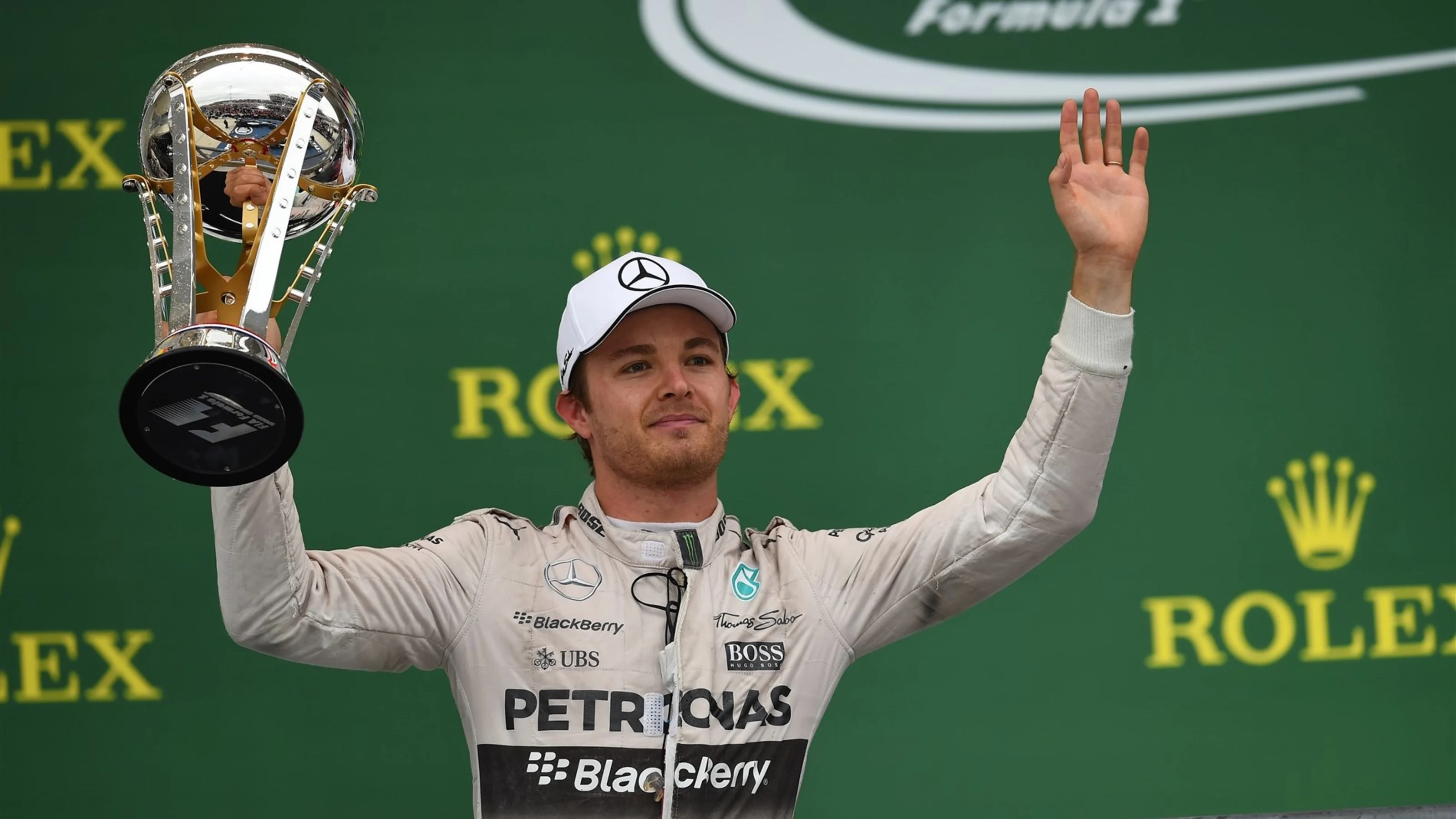 Nico Rosberg (GER) Mercedes AMG F1 celebrates on the podium at Formula One World Championship,