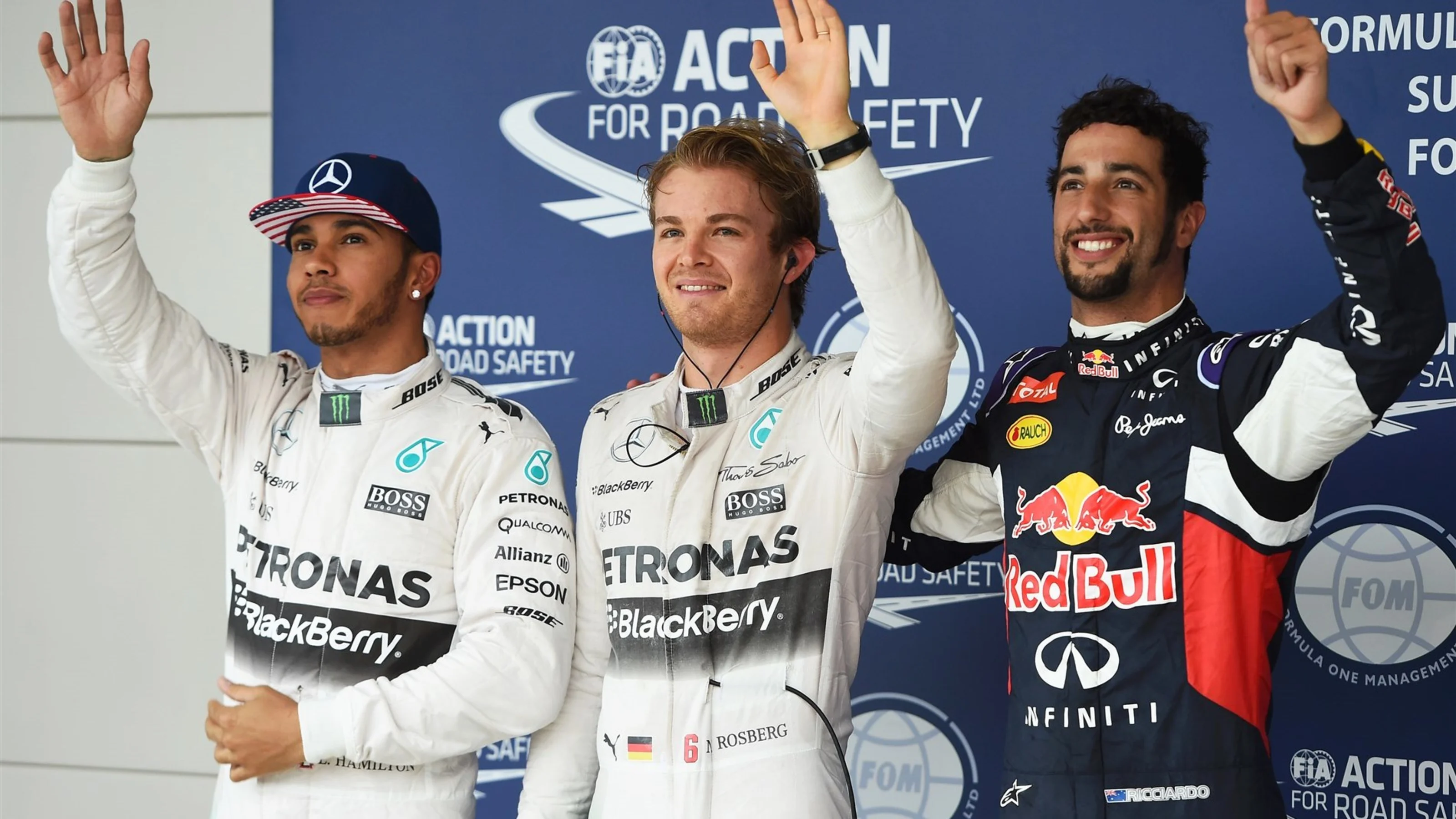 (L to R): Lewis Hamilton (GBR) Mercedes AMG F1, pole sitter Nico Rosberg (GER) Mercedes AMG F1 and