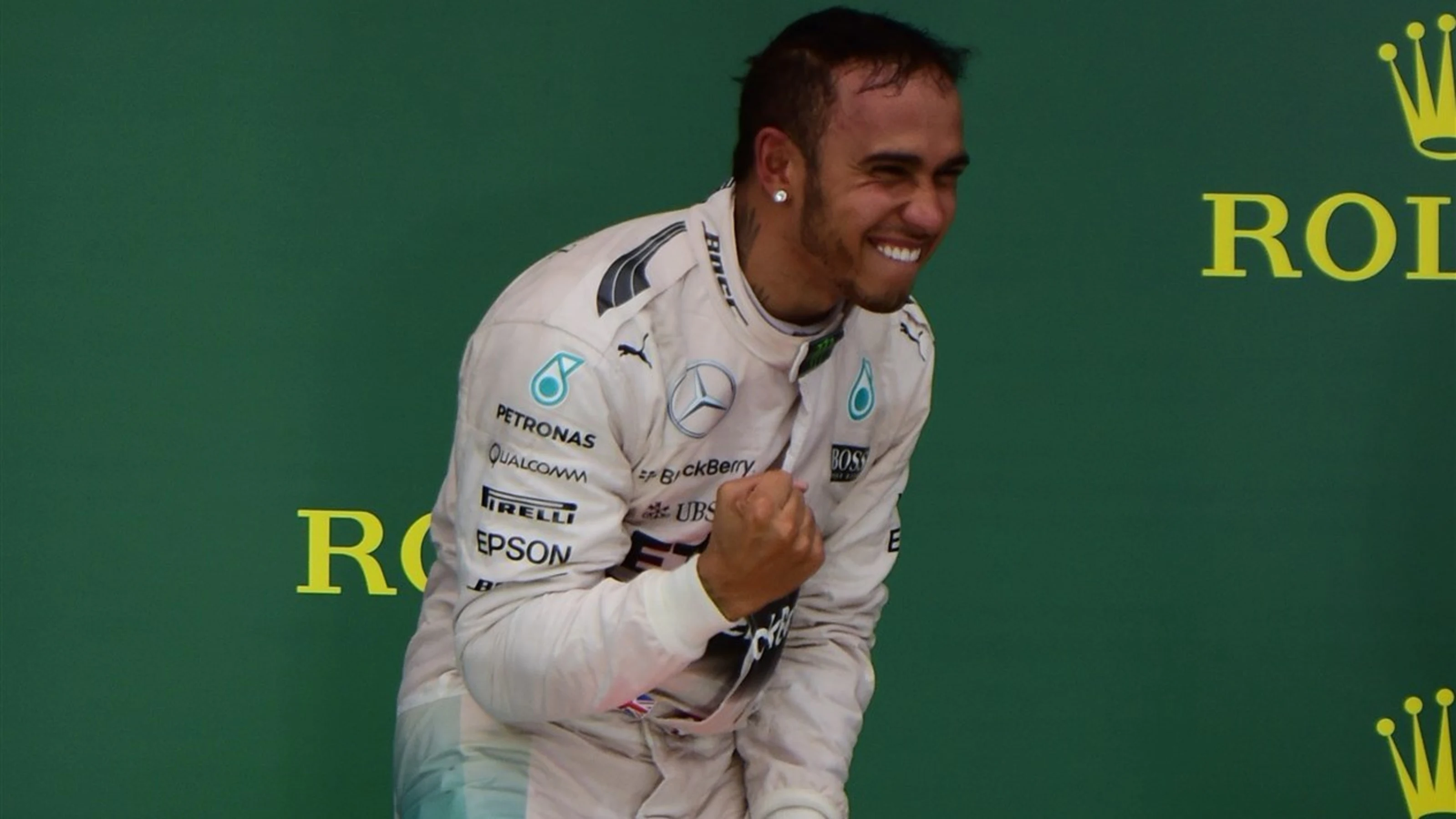Lewis Hamilton (GBR) Mercedes AMG F1 celebrates on the podium at Formula One World Championship,