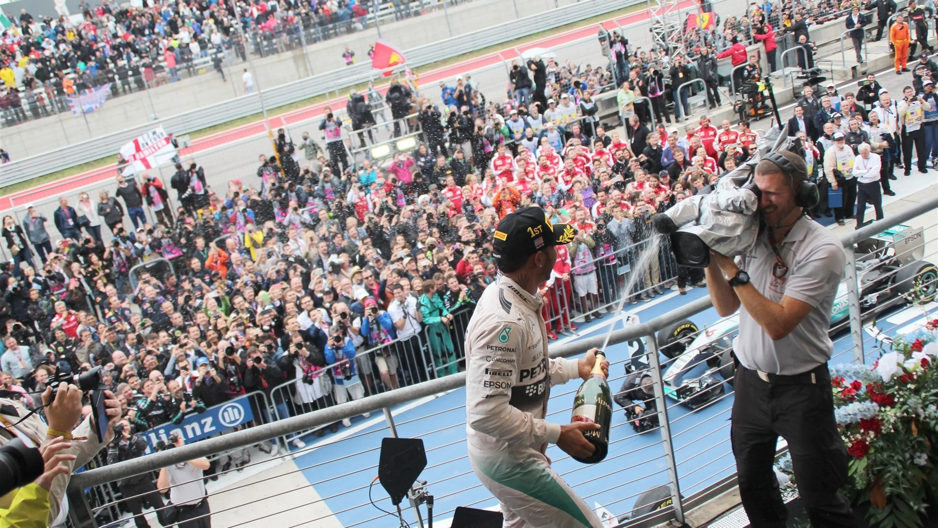 Lewis Hamilton (GBR) Mercedes AMG F1 celebrates on the podium with the cahmpagne at Formula One