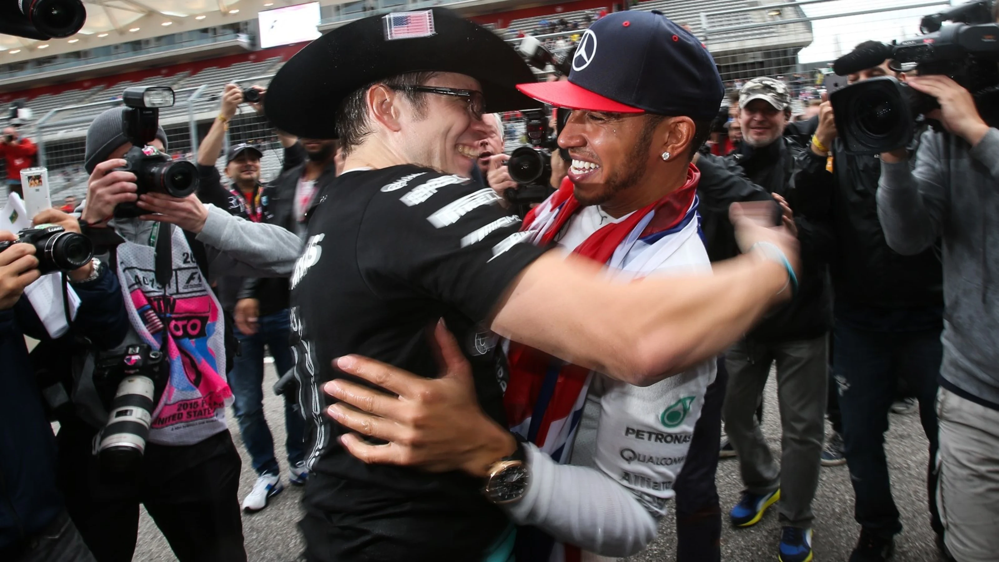 Race winner and new World Champion Lewis Hamilton (GBR) Mercedes AMG F1 celebrates with his Race