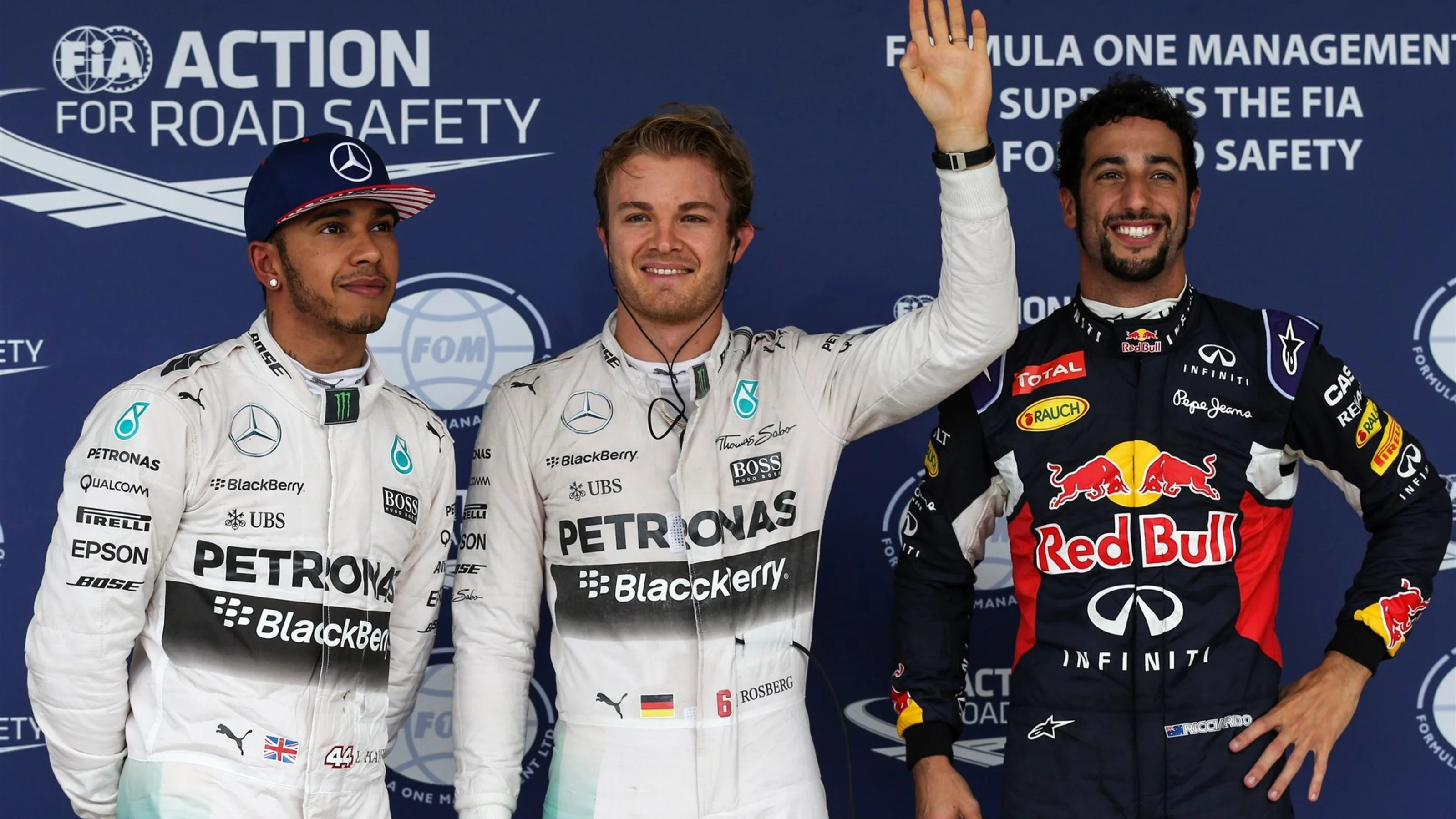 (L to R): Lewis Hamilton (GBR) Mercedes AMG F1, pole sitter Nico Rosberg (GER) Mercedes AMG F1 and