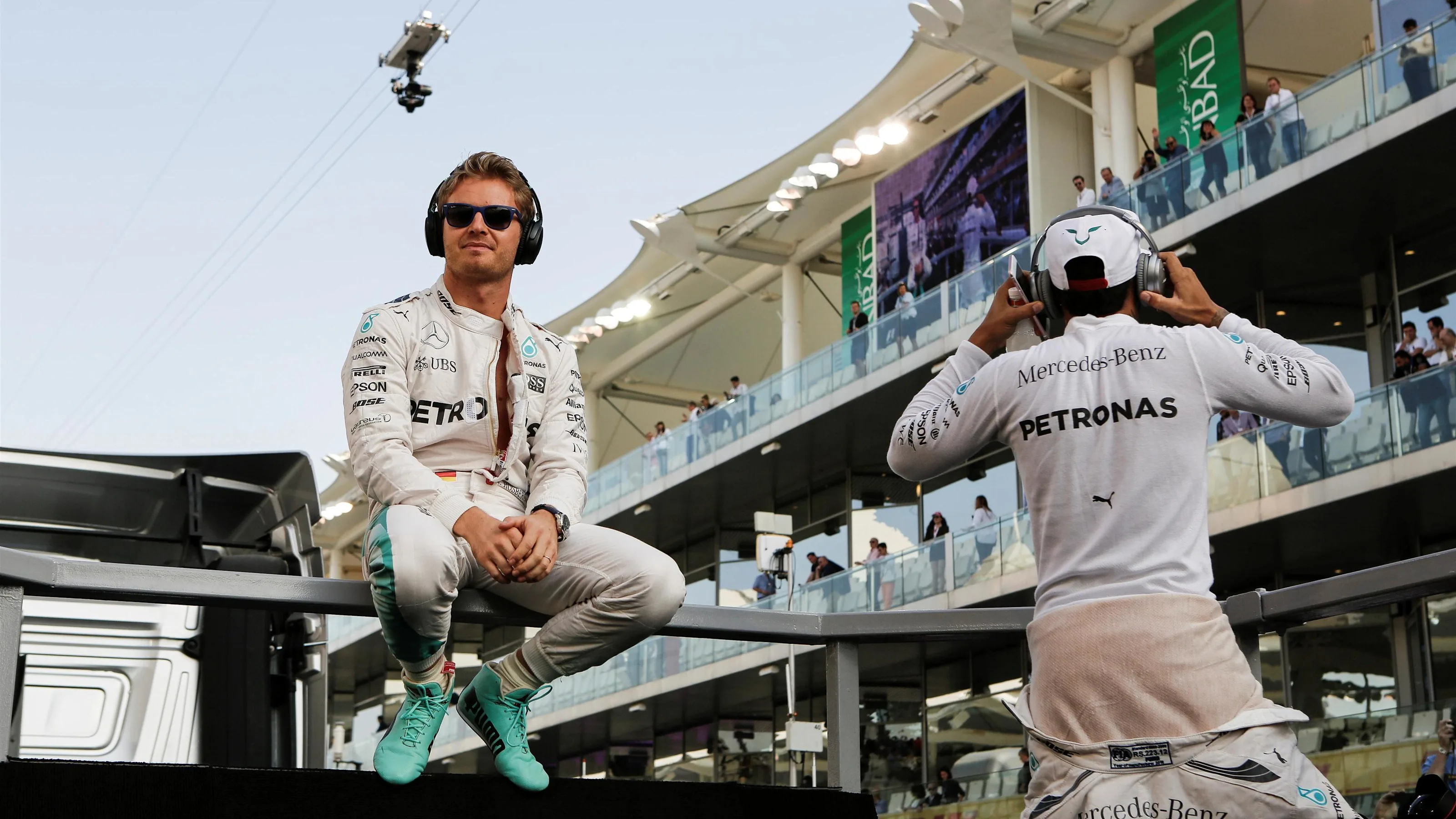 Nico Rosberg (GER) Mercedes AMG F1 and Lewis Hamilton (GBR) Mercedes AMG F1 on the drivers parade
