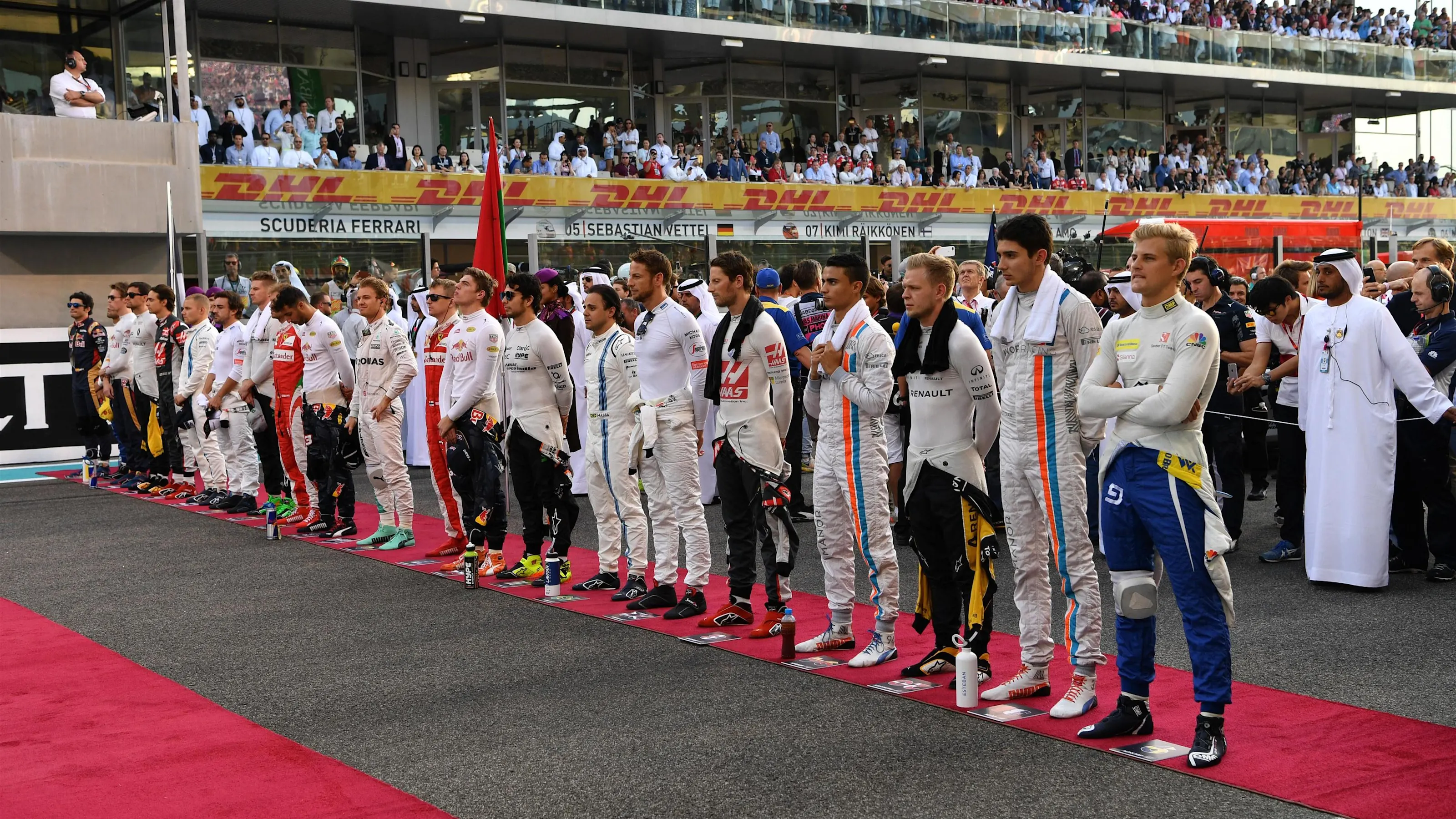 Drivers observe the National Anthem on the grid at Formula One World Championship, Rd21, Abu Dhabi