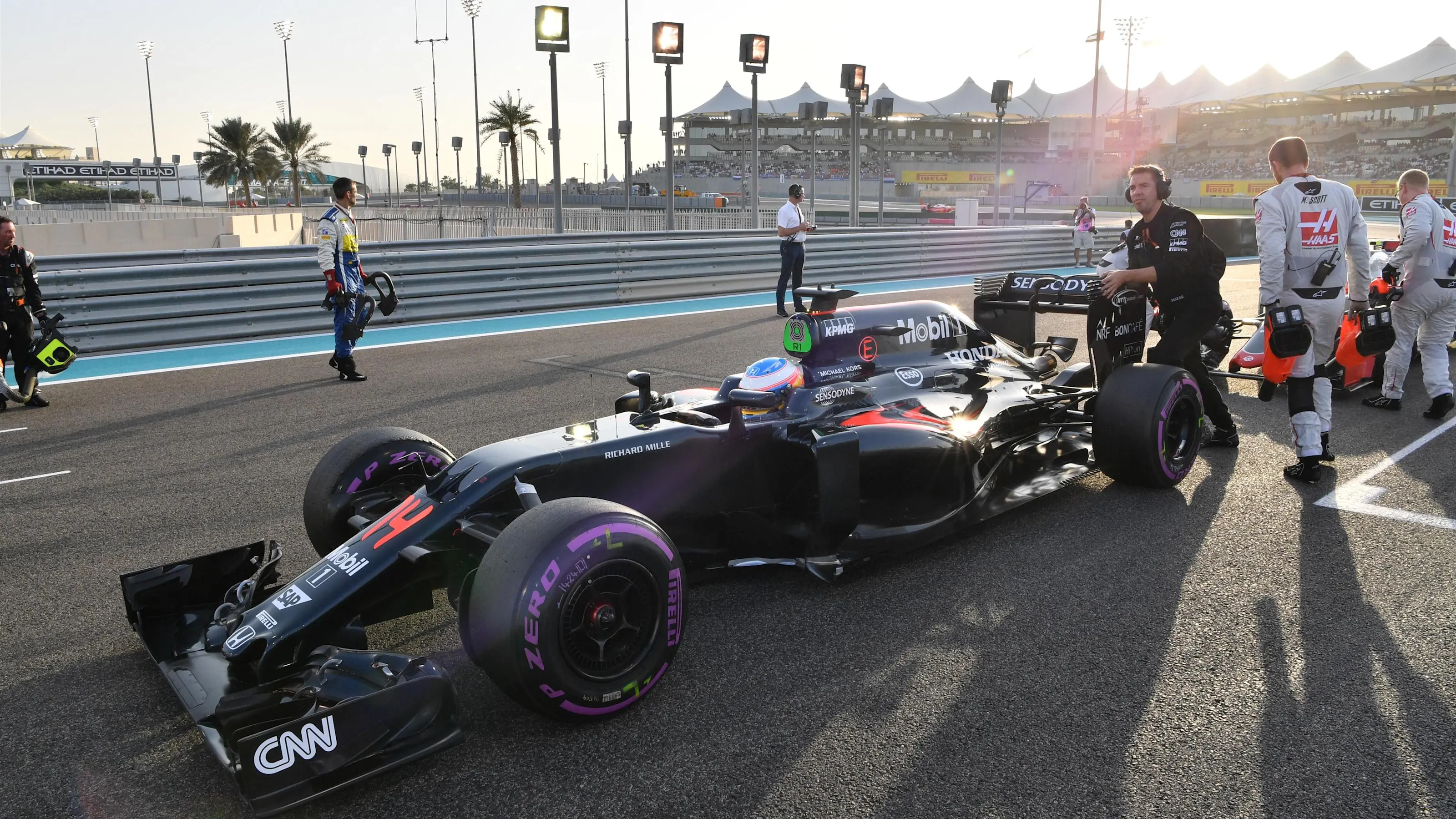 Fernando Alonso (ESP) McLaren MP4-31 on the grid at Formula One World Championship, Rd21, Abu Dhabi