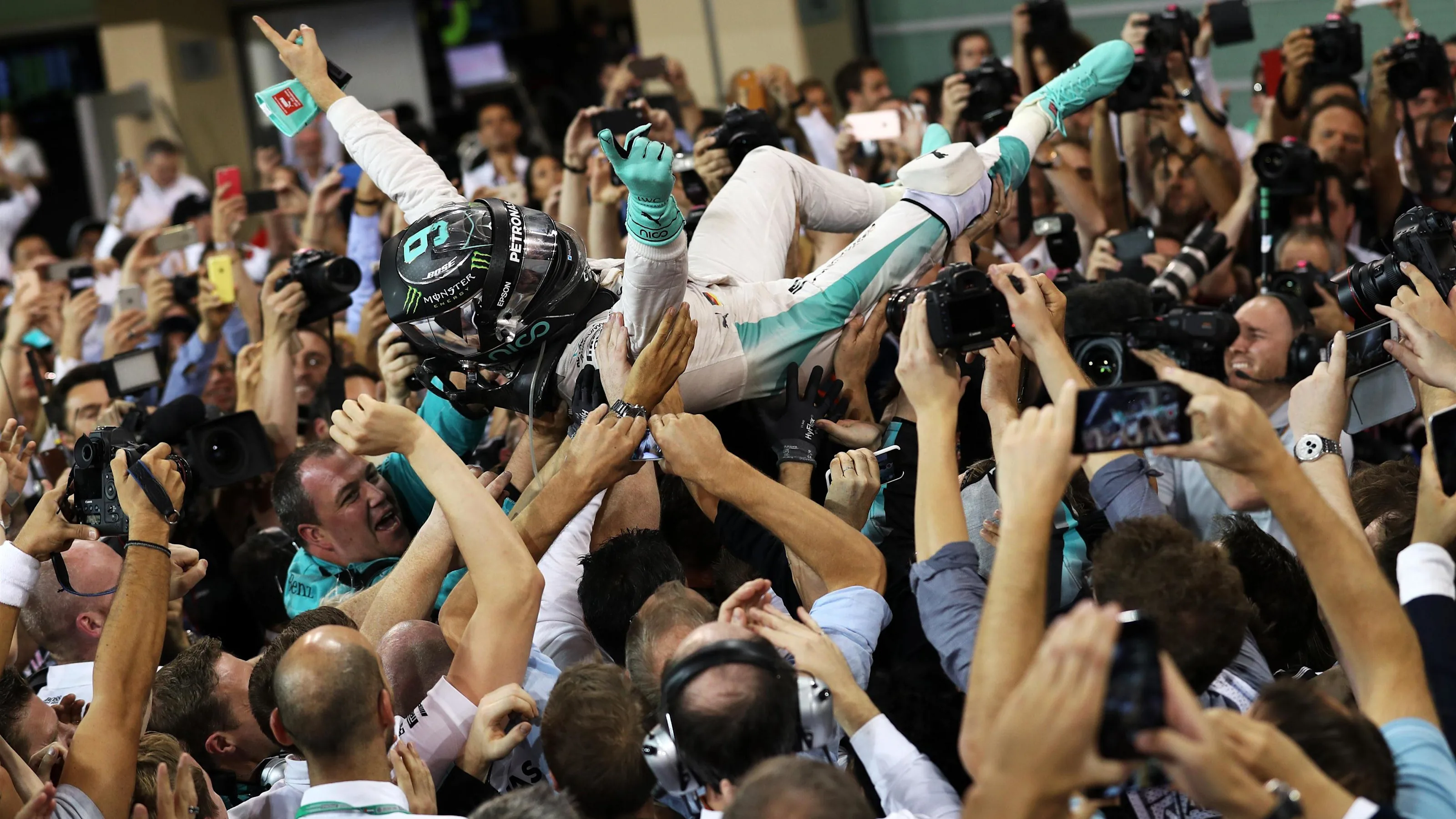 World Champion Nico Rosberg (GER) Mercedes AMG F1 celebrates in parc ferme at Formula One World