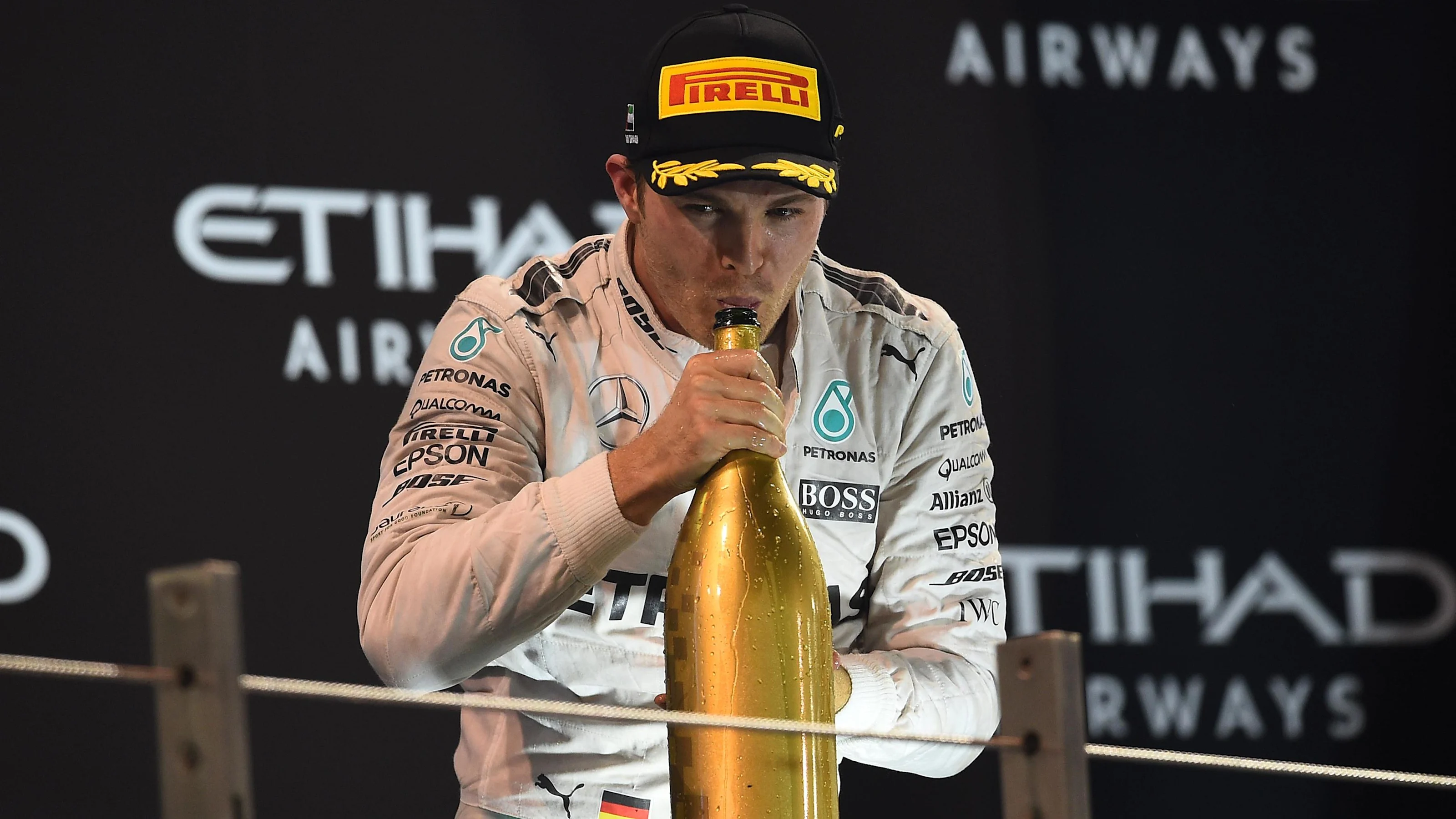 Nico Rosberg (GER) Mercedes AMG F1 celebrates on the podium at Formula One World Championship,