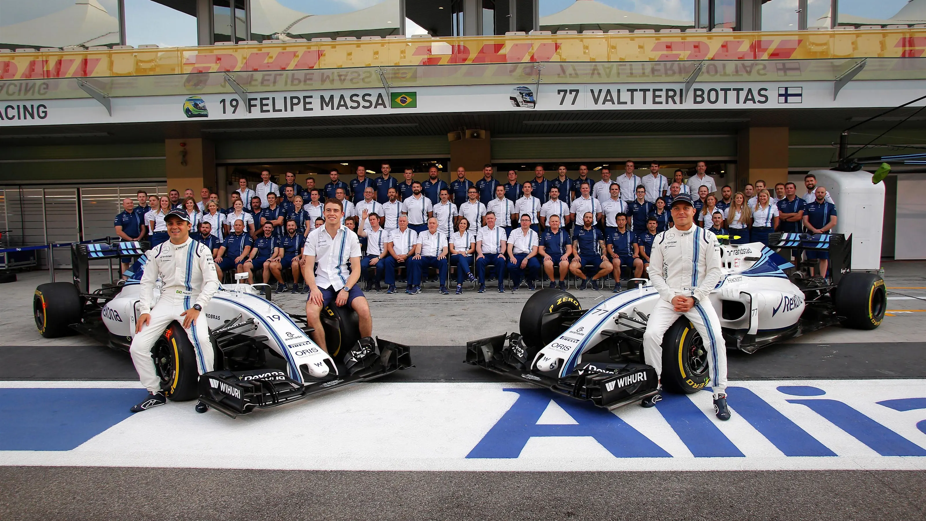 Valtteri Bottas (FIN) Williams and Felipe Massa (BRA) Williams with at the Team Photo at Formula