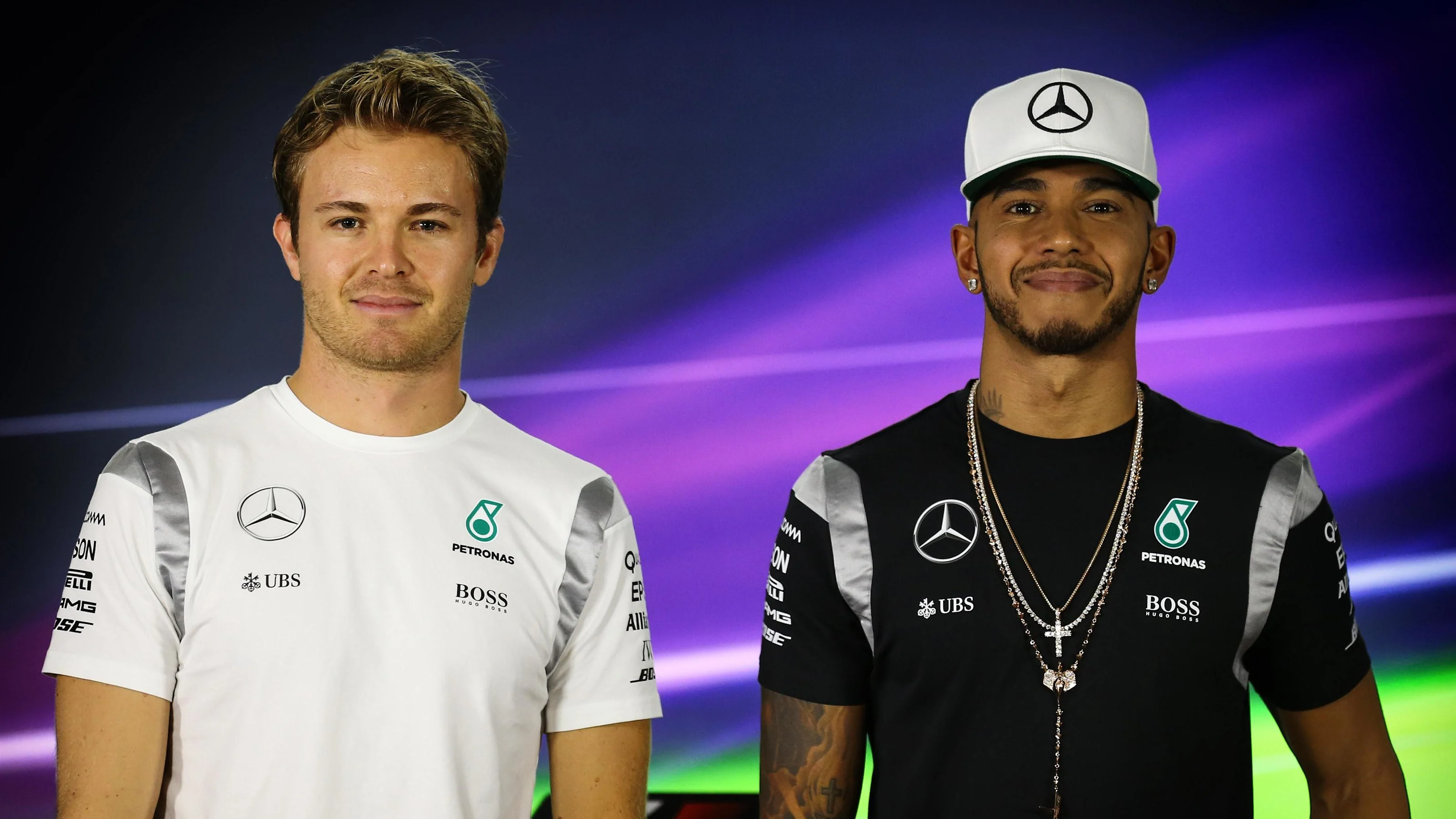 Nico Rosberg (GER) Mercedes AMG F1 and Lewis Hamilton (GBR) Mercedes AMG F1 in the Press Conference