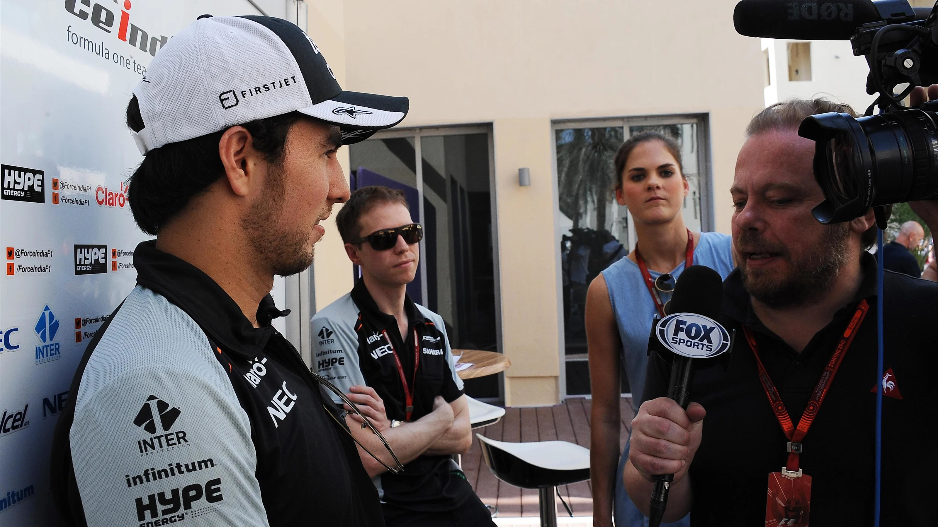 Sergio Perez (MEX) Force India talks with the media at Formula One World Championship, Rd21, Abu