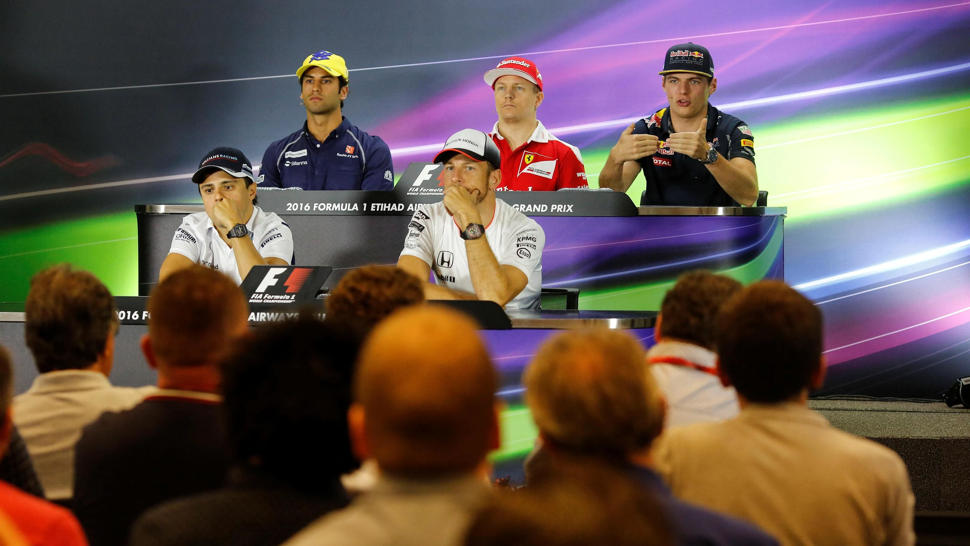 (L to R): Felipe Nasr (BRA) Sauber, Kimi Raikkonen (FIN) Ferrari, Max Verstappen (NED) Red Bull