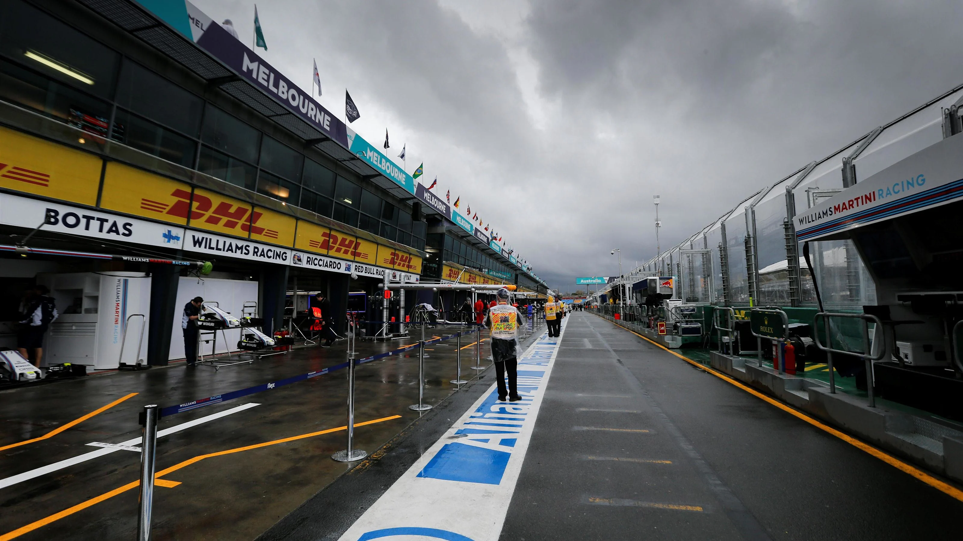 Clouds over pit lane at Formula One World Championship, Rd1, Australian Grand Prix, Practice,
