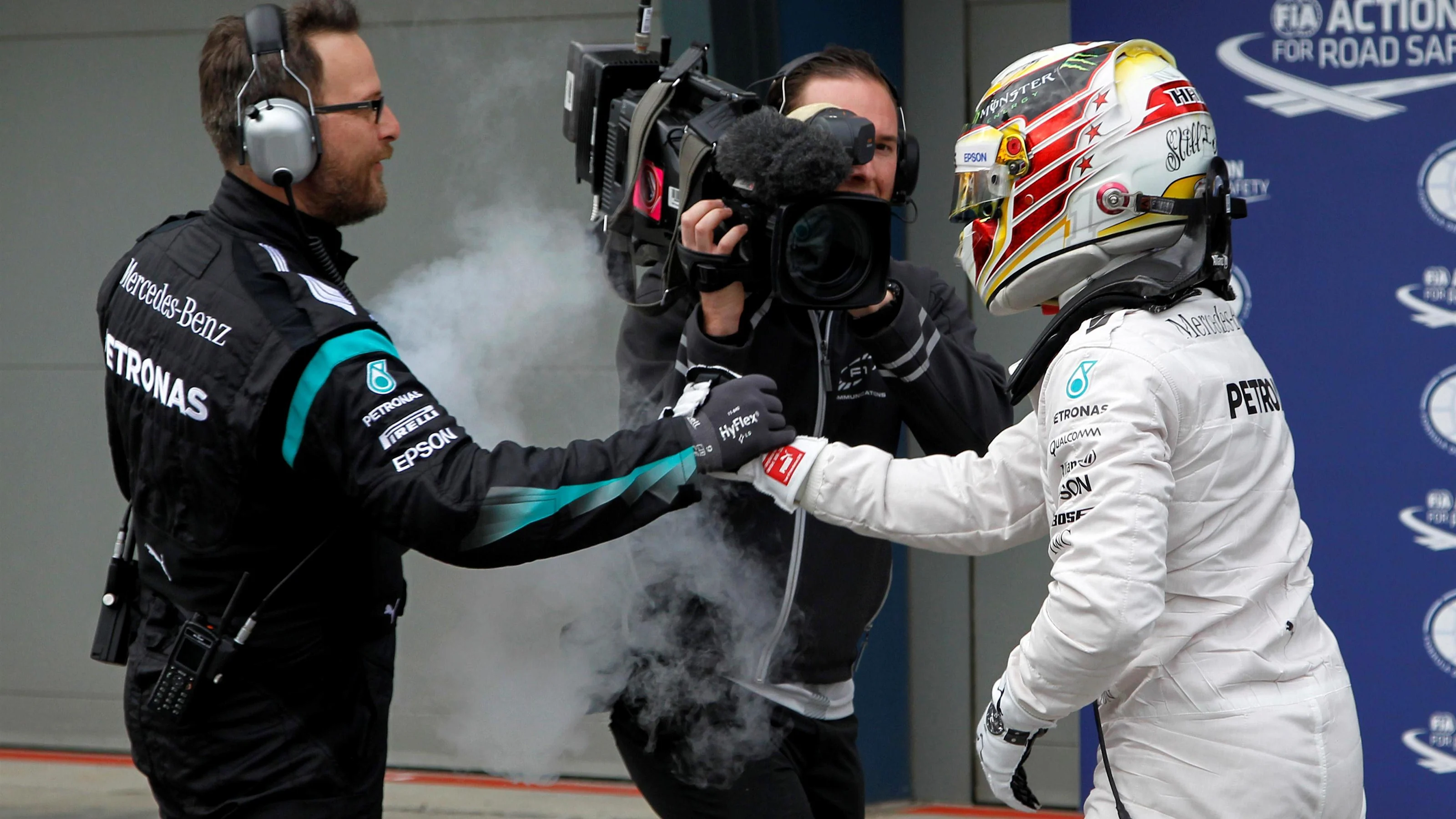 Pole sitter Lewis Hamilton (GBR) Mercedes AMG F1 celebrates in parc ferme at Formula One World