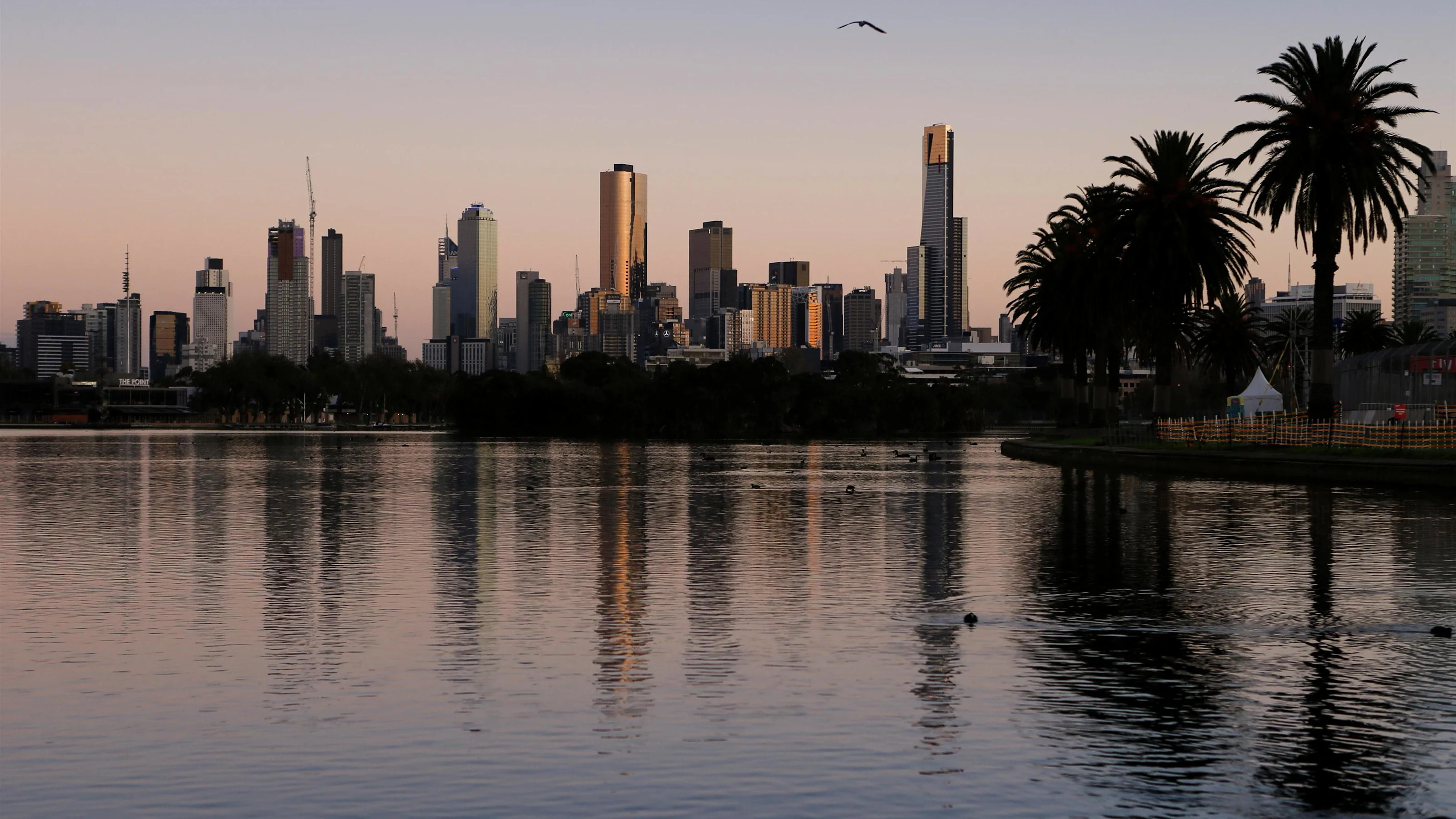The Melbourne skyline at sunrise at Formula One World Championship, Rd1, Australian Grand Prix,