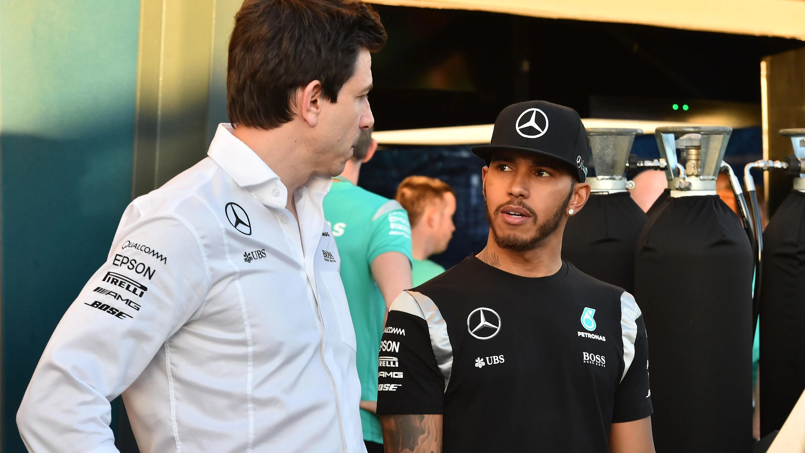 Toto Wolff (AUT) Mercedes AMG F1 Director of Motorsport and Lewis Hamilton (GBR) Mercedes AMG F1 at