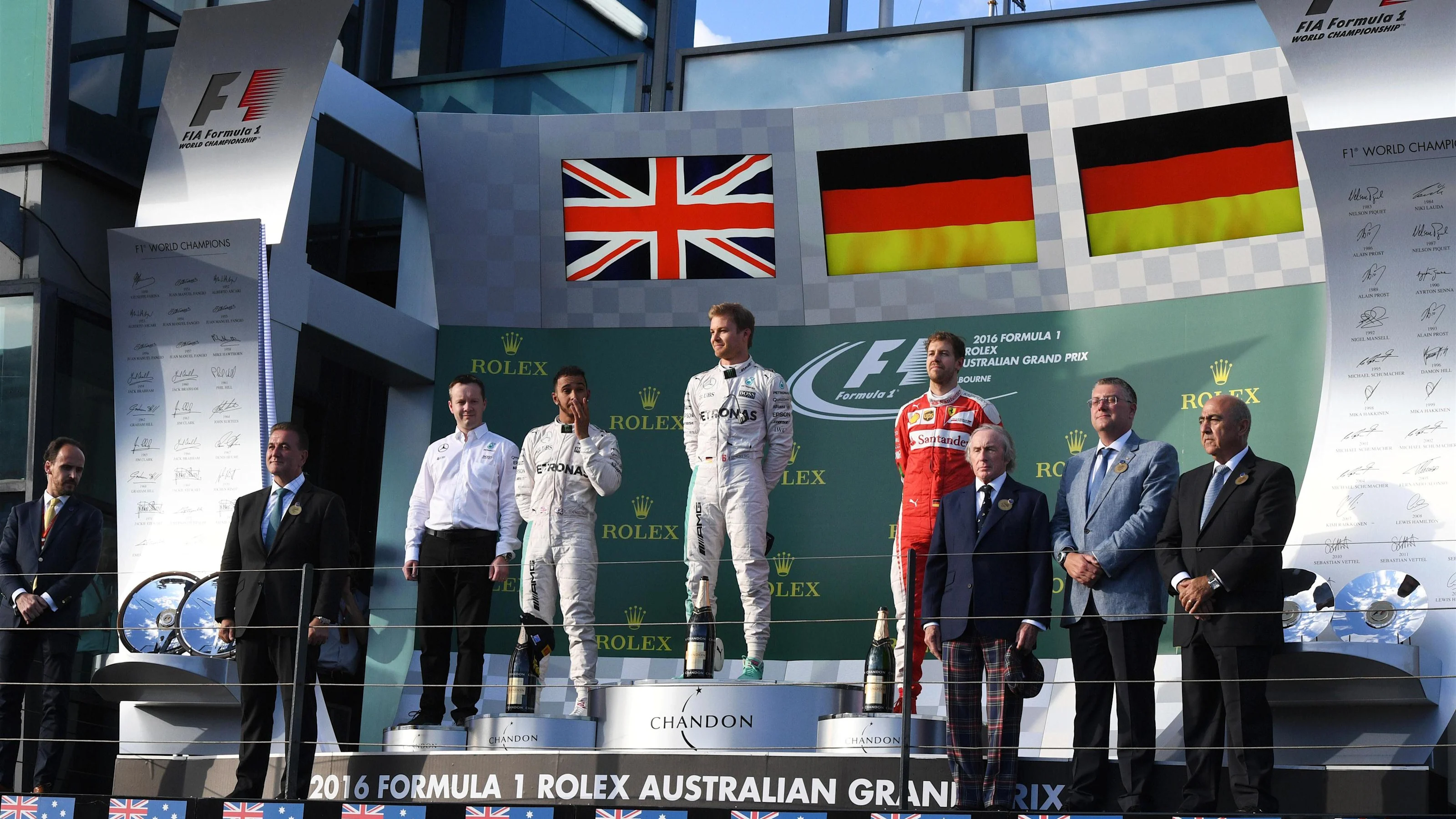 (L to R): Lewis Hamilton (GBR) Mercedes AMG F1, race winner Nico Rosberg (GER) Mercedes AMG F1 and