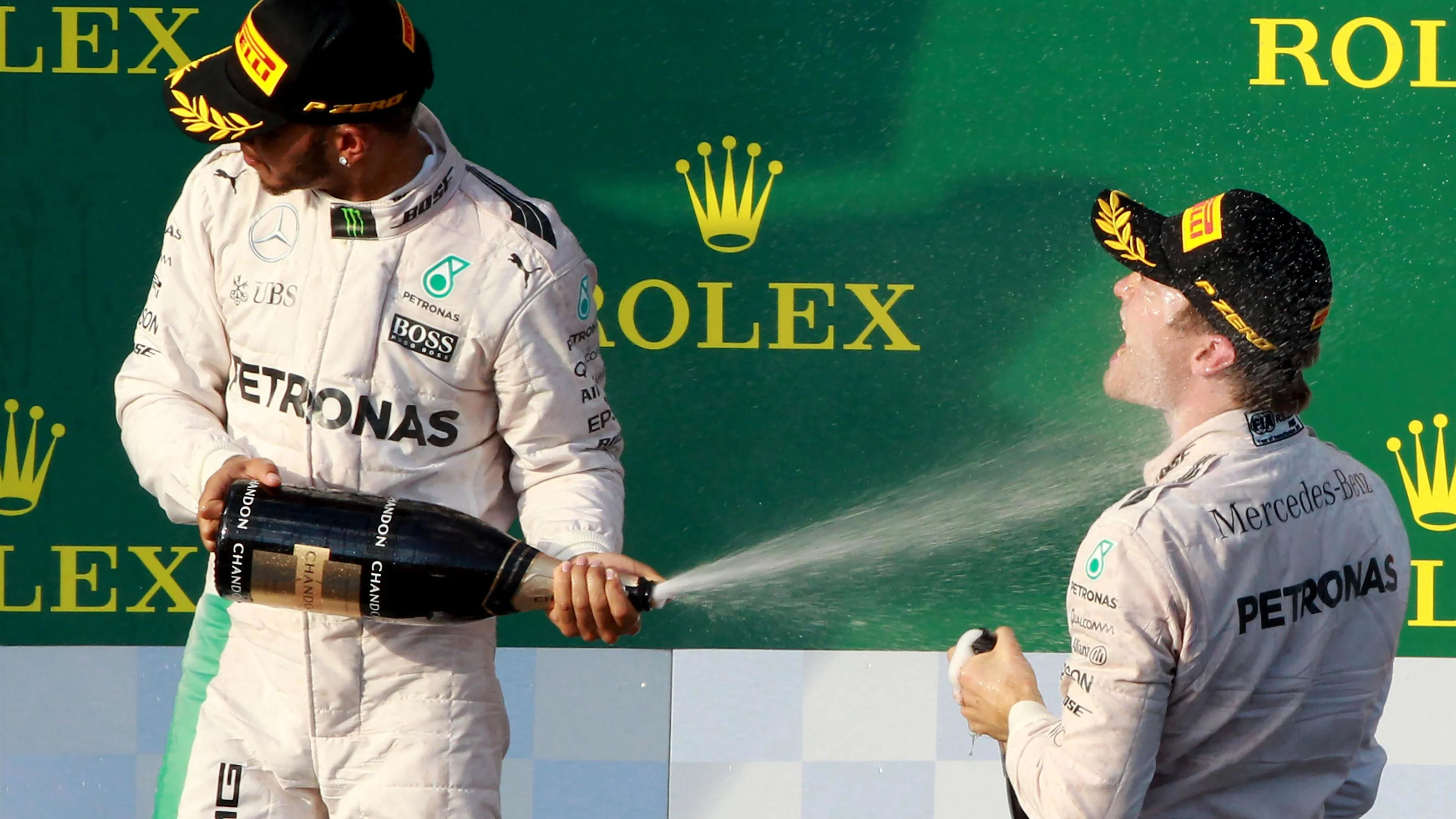 Lewis Hamilton (GBR) Mercedes AMG F1 and Nico Rosberg (GER) Mercedes AMG F1 celebrate on the podium