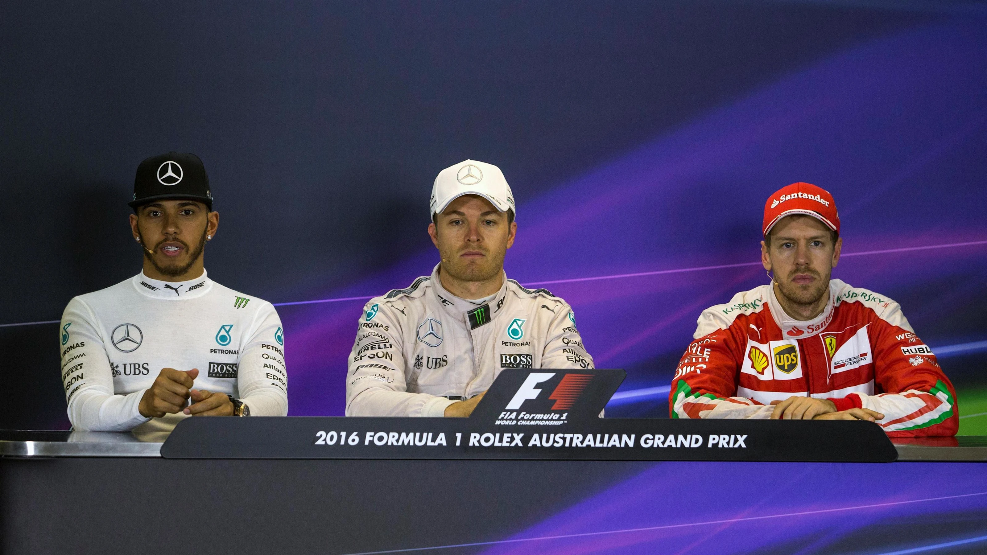 Lewis Hamilton (GBR) Mercedes AMG F1, Nico Rosberg (GER) Mercedes AMG F1 and Sebastian Vettel (GER)