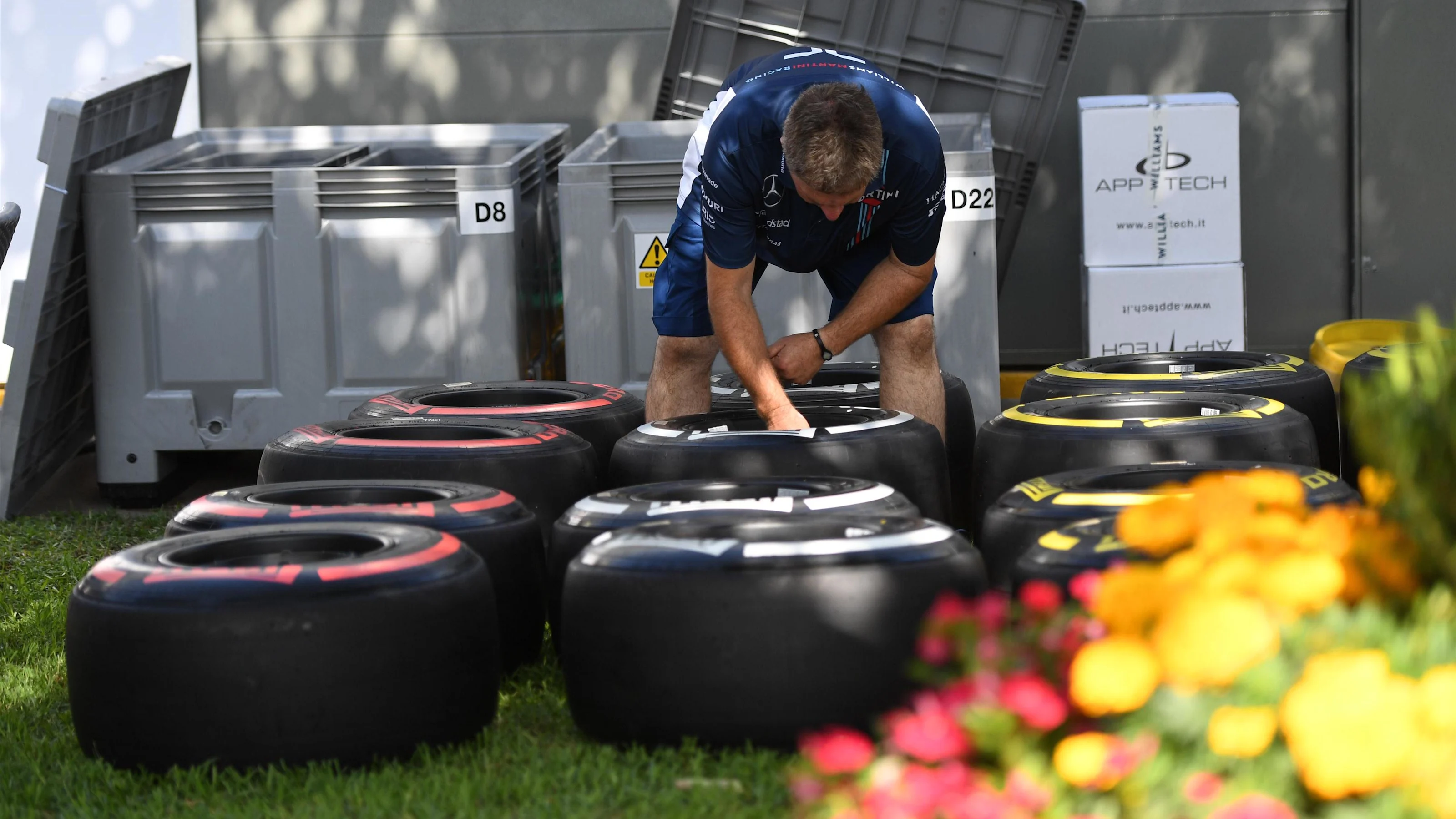 Williams mechanic with Pirelli tyres at Formula One World Championship, Rd1, Australian Grand Prix,