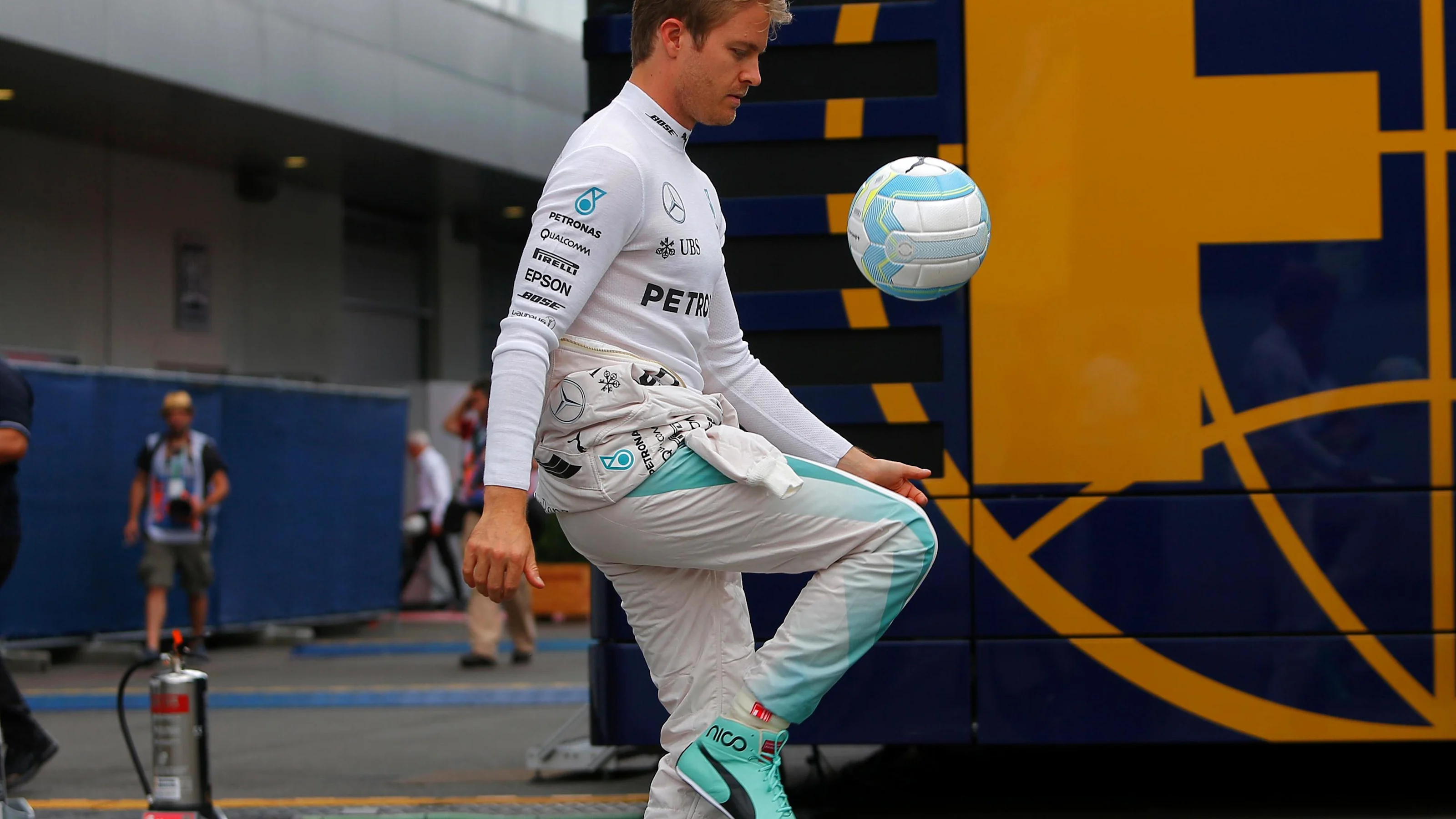 Nico Rosberg (GER) Mercedes AMG F1 playing football at Formula One World Championship, Rd9,