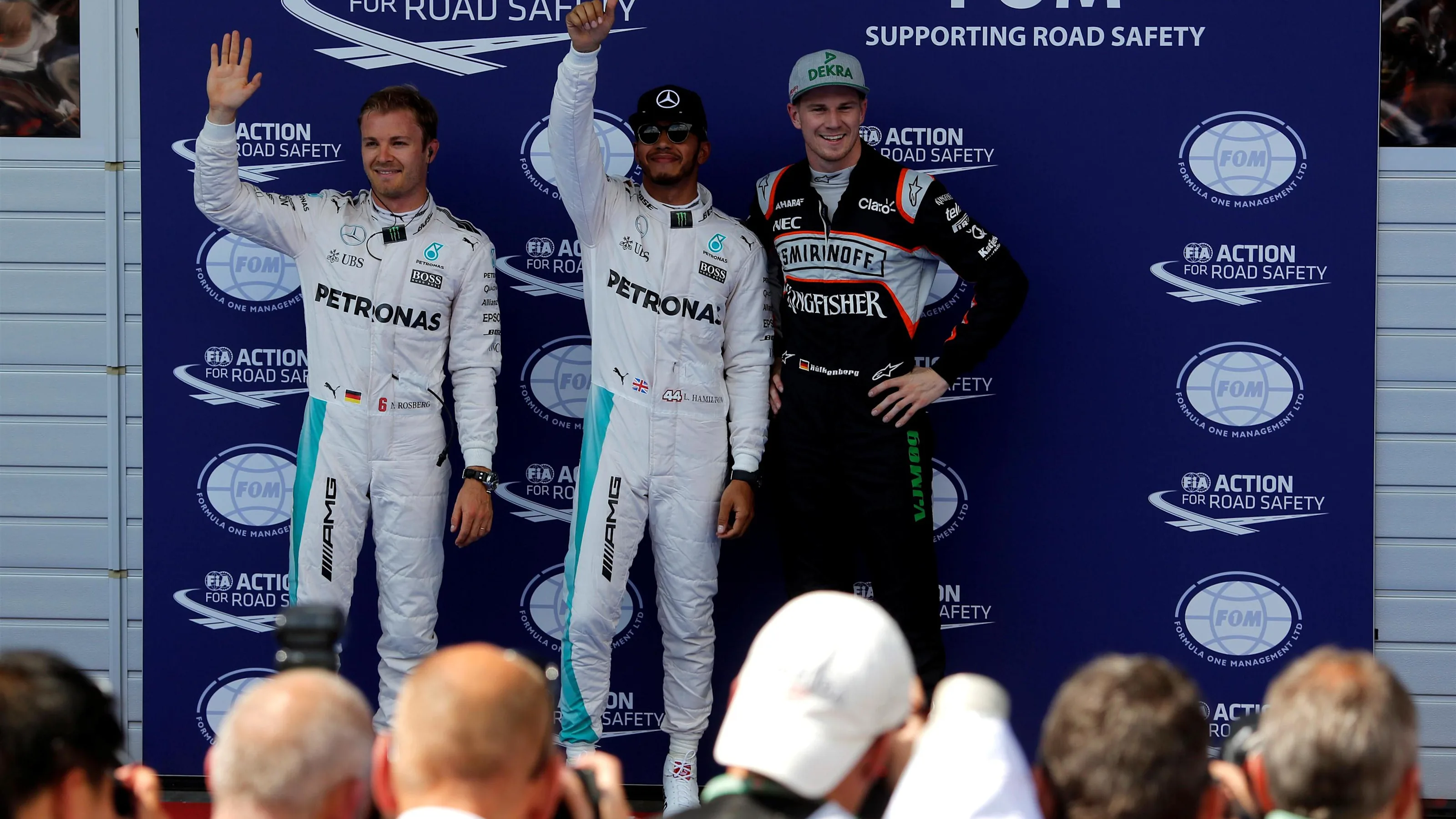 Pole sitter Lewis Hamilton (GBR) Mercedes AMG F1 celebrates with Nico Rosberg (GER) Mercedes AMG F1
