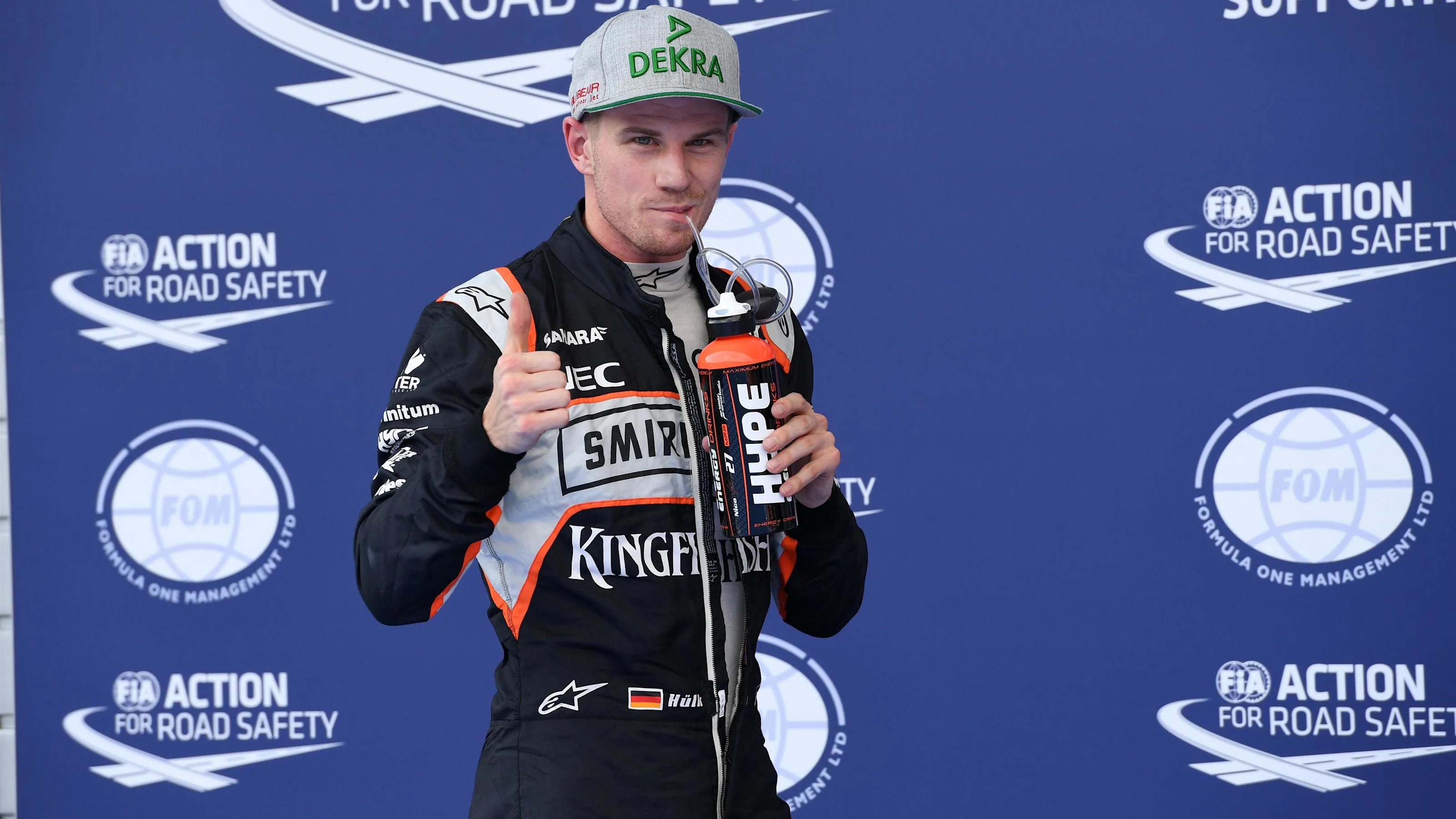 Nico Hulkenberg (GER) Force India F1 celebrates in parc ferme at Formula One World Championship,