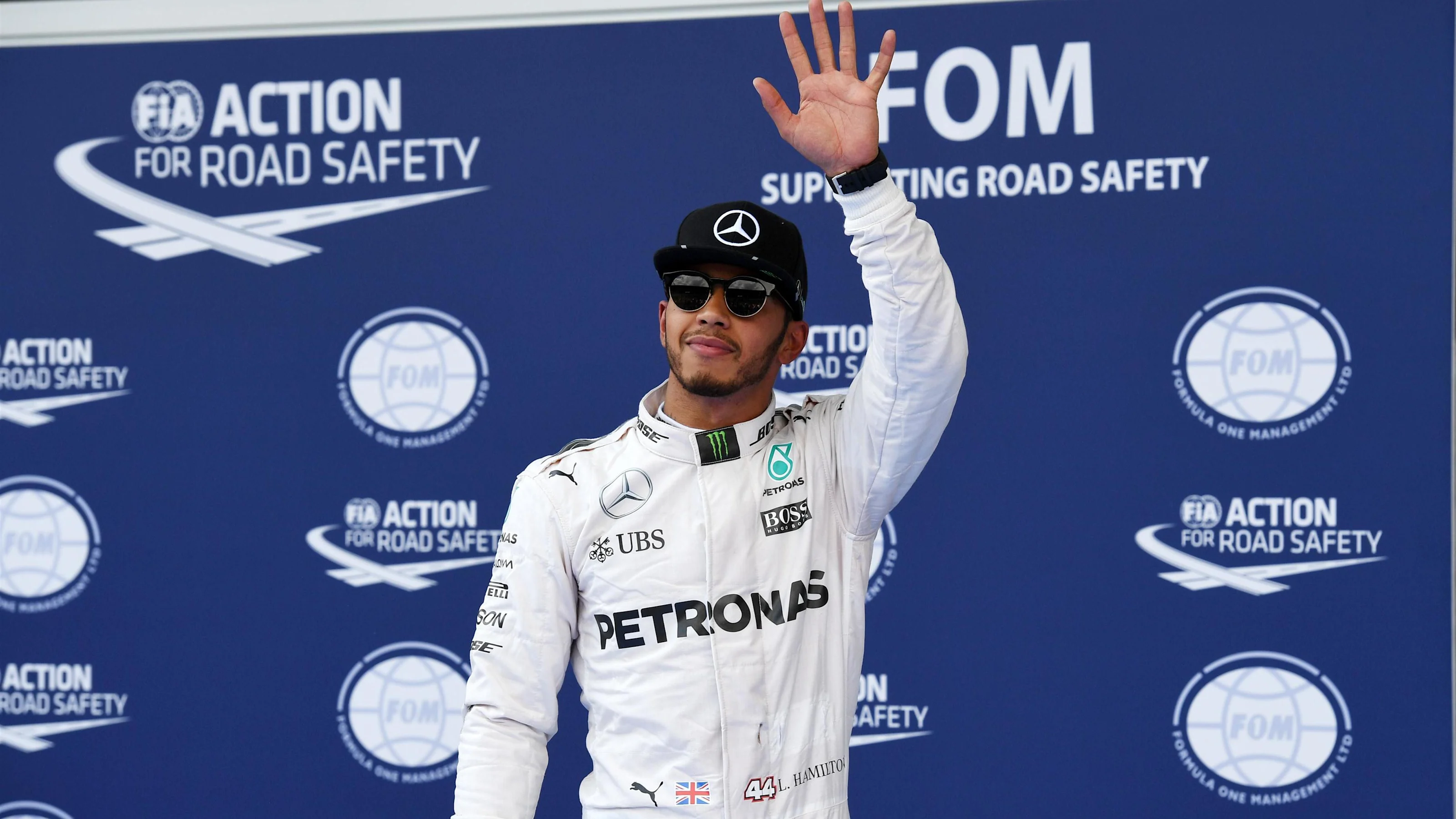 Pole sitter Lewis Hamilton (GBR) Mercedes AMG F1 celebrates in parc ferme at Formula One World