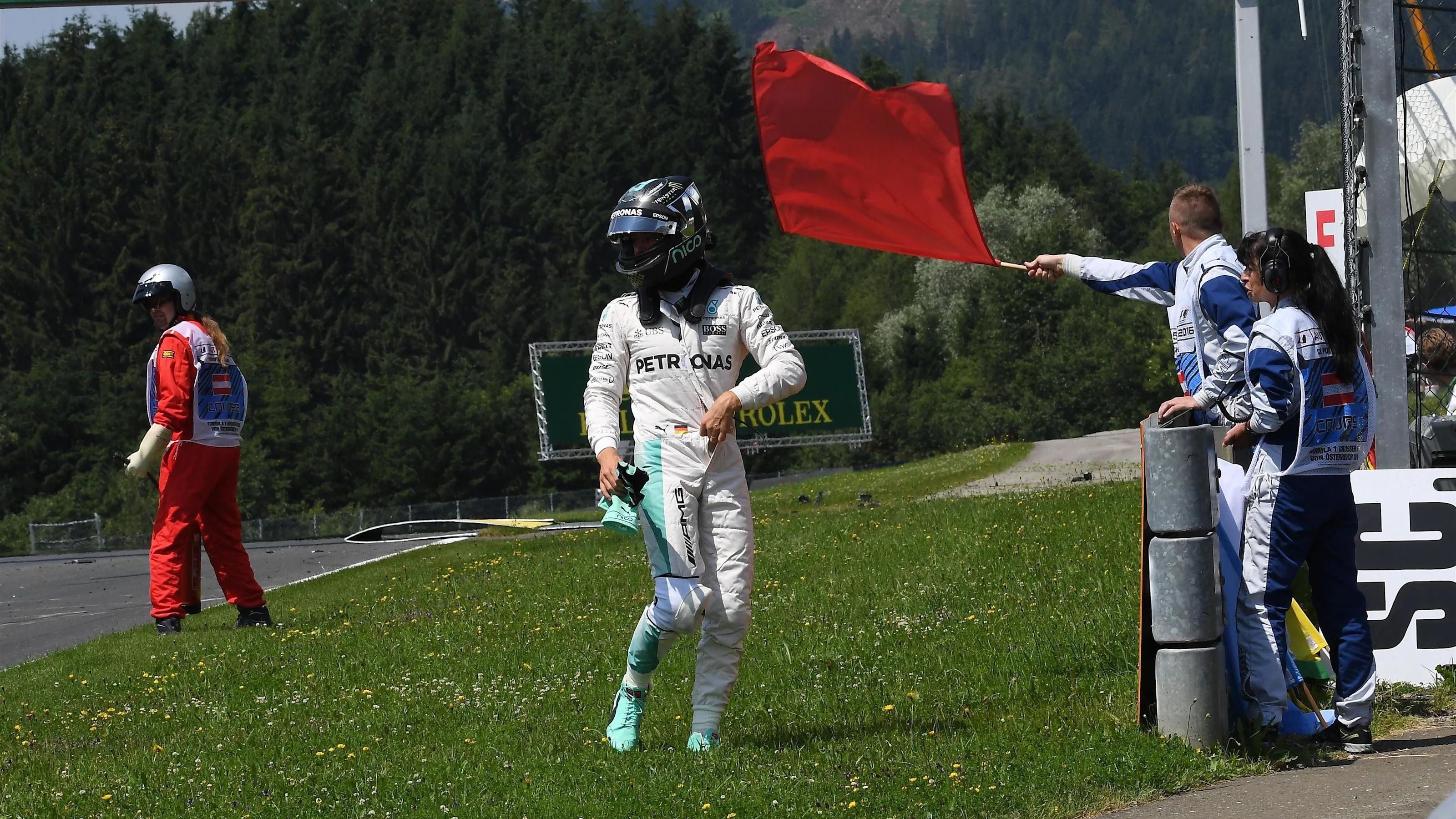 Nico Rosberg (GER) Mercedes AMG F1 following his crash in FP3 as the session is red flagged at