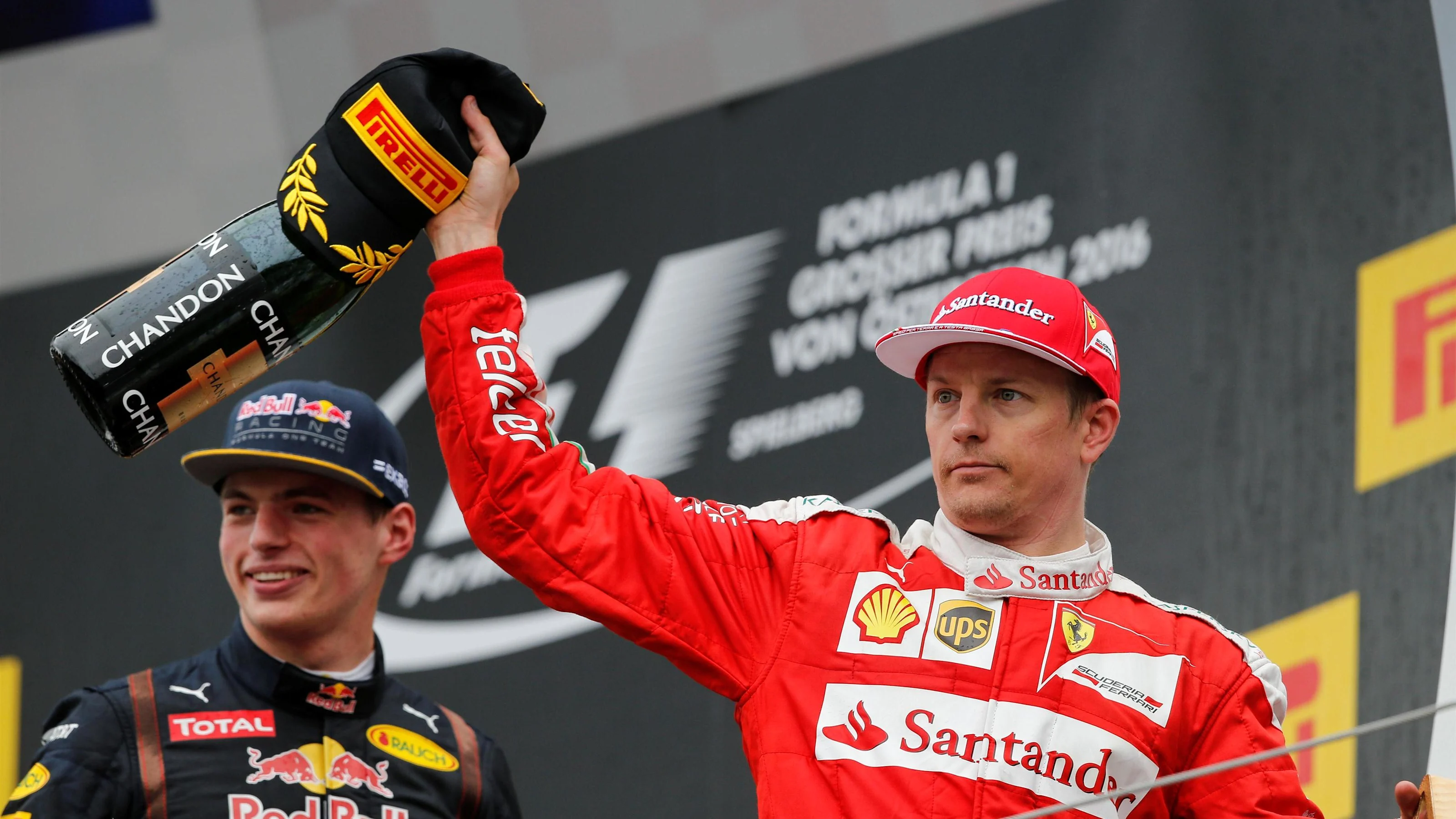 Kimi Raikkonen (FIN) Ferrari celebrates on the podium at Formula One World Championship, Rd9,
