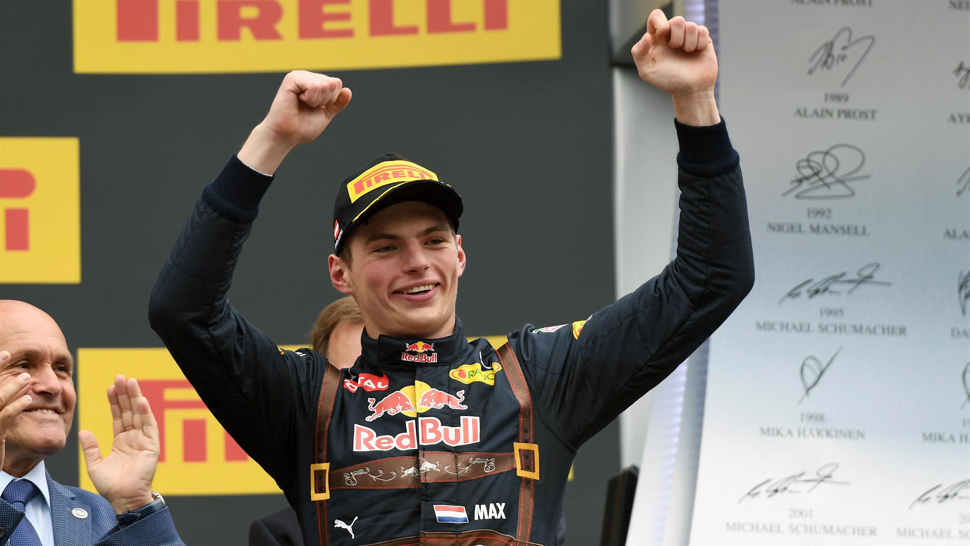 Max Verstappen (NED) Red Bull Racing celebrates on the podium at Formula One World Championship,