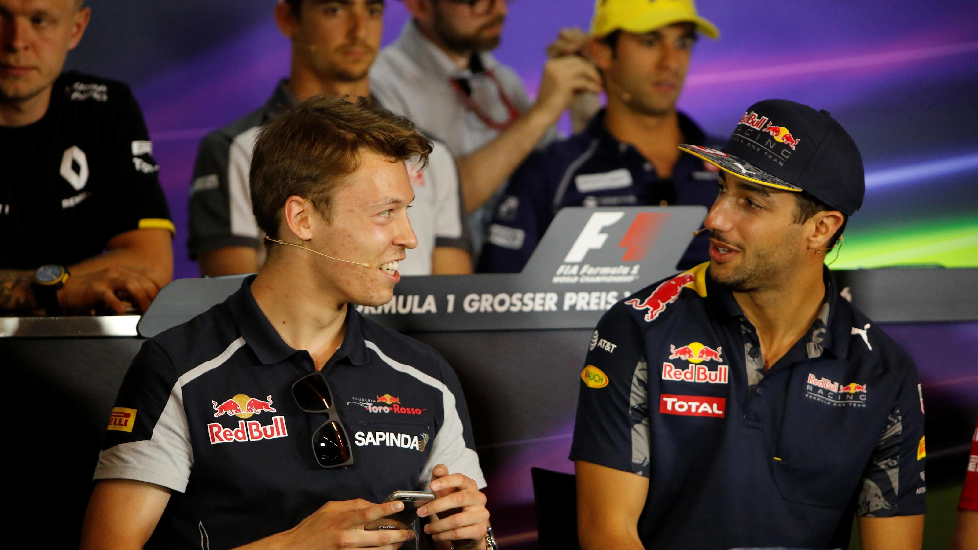 Daniil Kvyat (RUS) Scuderia Toro Rosso and Daniel Ricciardo (AUS) Red Bull Racing in the Press