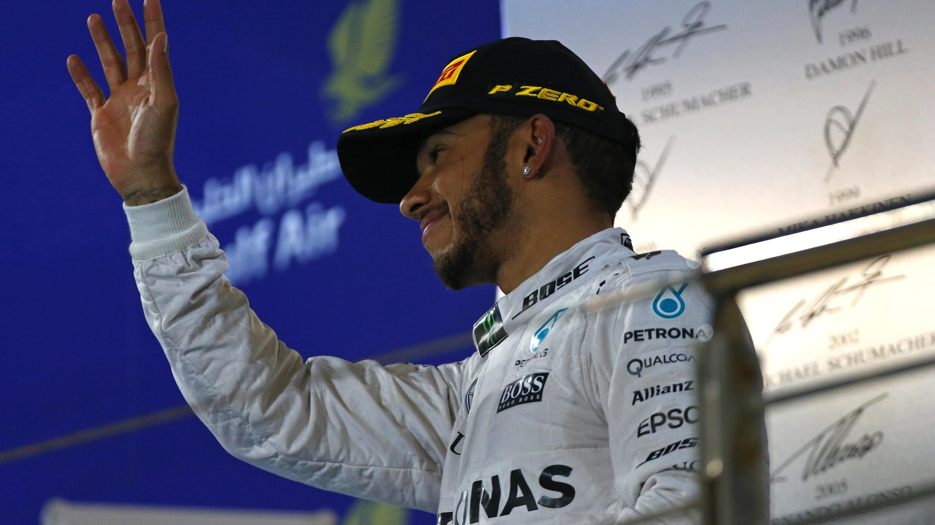 Lewis Hamilton (GBR) Mercedes AMG F1 celebrates on the podium at Formula One World Championship,