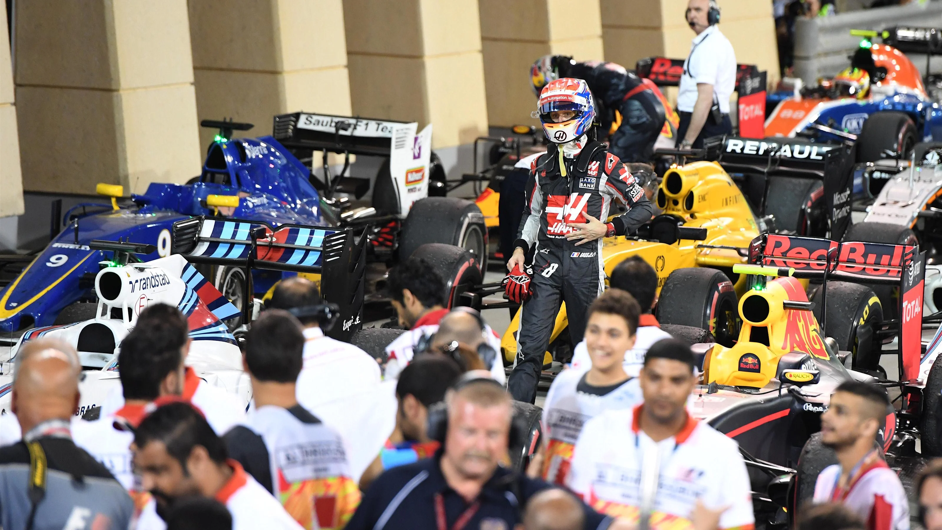 Romain Grosjean (FRA) Haas VF-16 in parc ferme at Formula One World Championship, Rd2, Bahrain