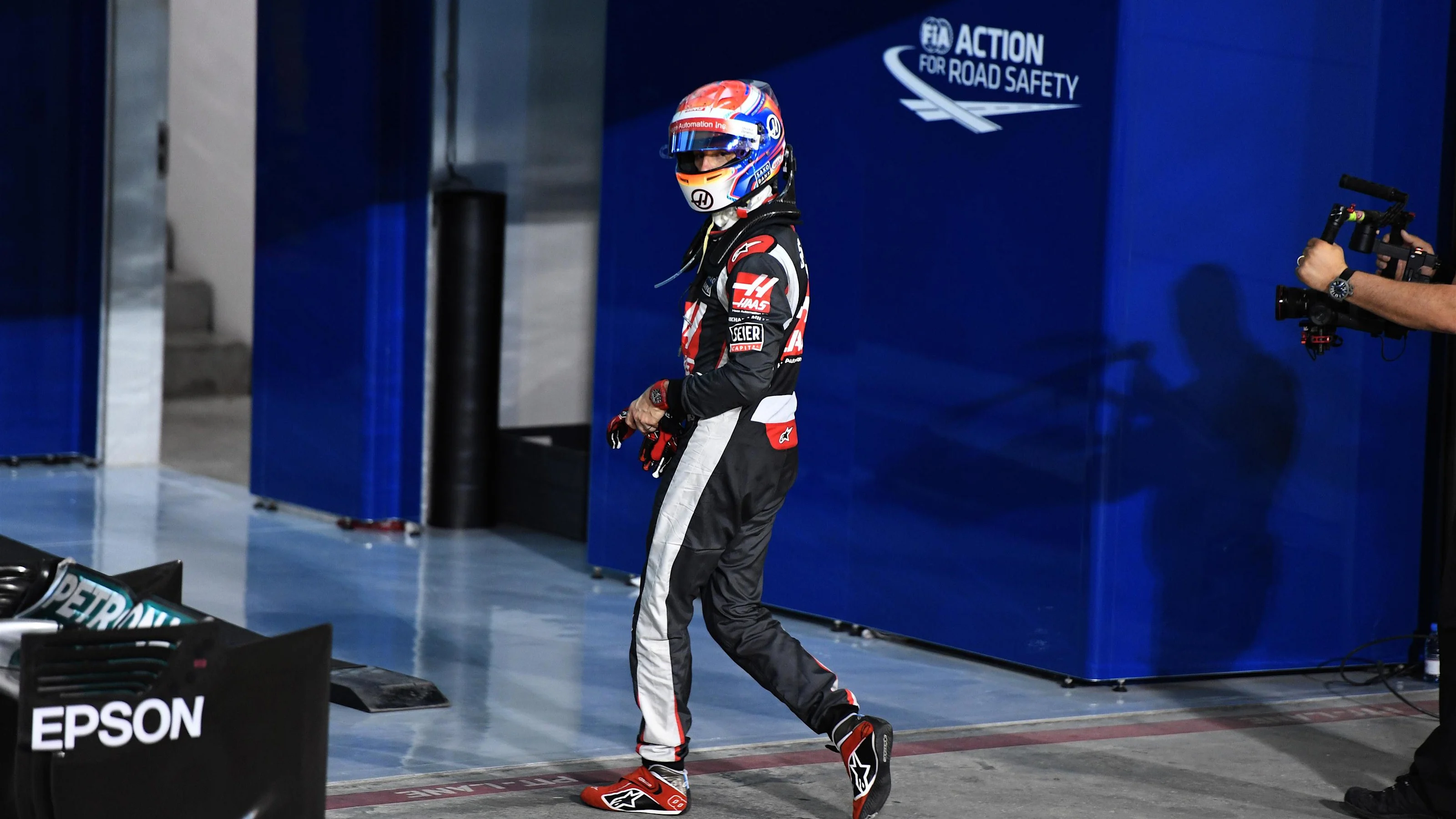 Romain Grosjean (FRA) Haas F1 in parc ferme at Formula One World Championship, Rd2, Bahrain Grand