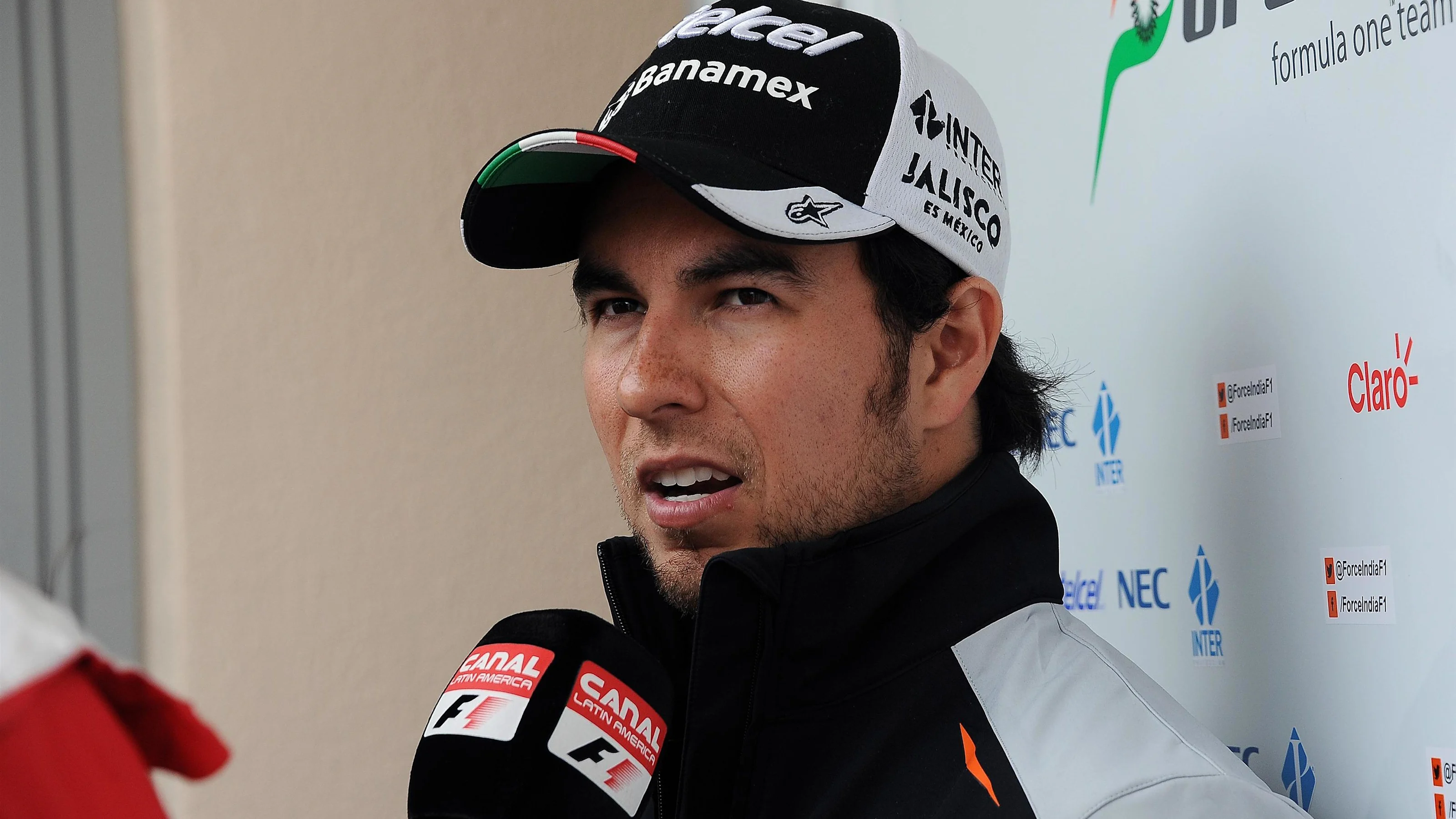 Sergio Perez (MEX) Force India talks to the media at Formula One World Championship, Rd2, Bahrain