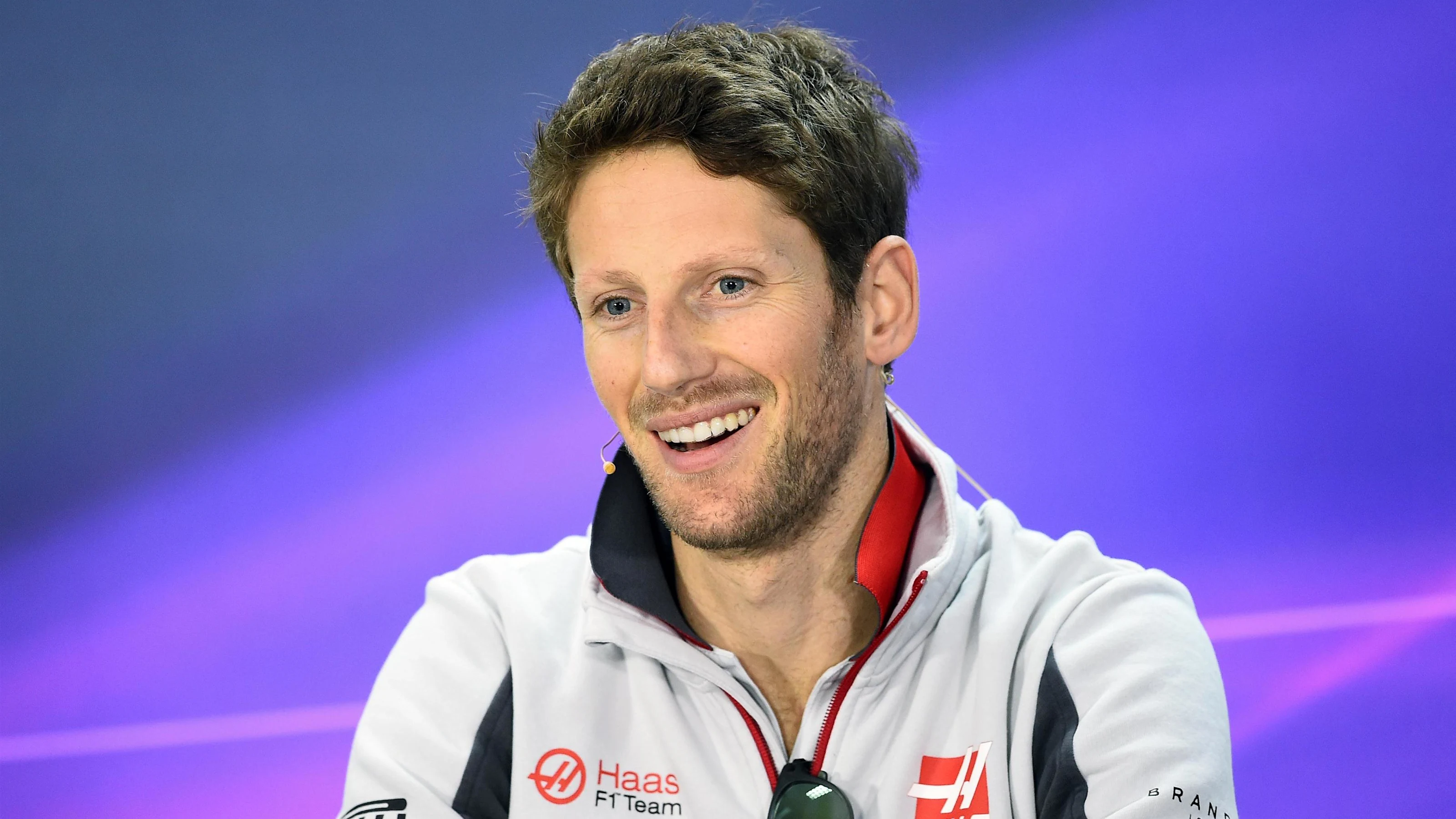 Romain Grosjean (FRA) Haas F1 in the press conference at Formula One World Championship, Rd2,