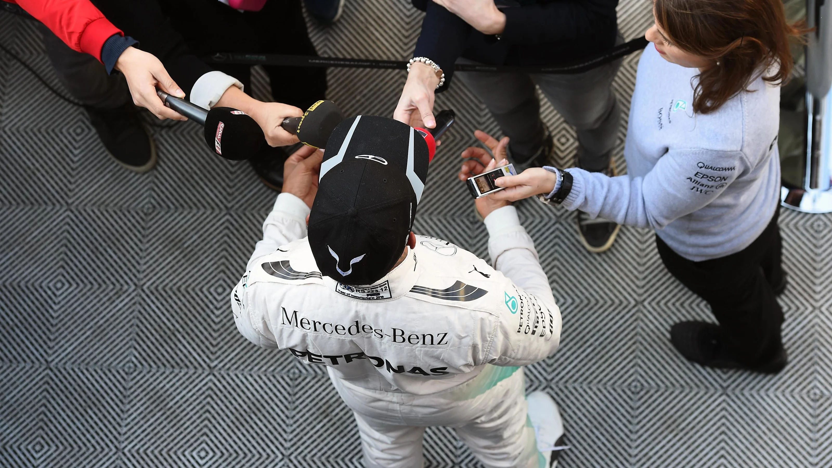 Lewis Hamilton (GBR) Mercedes AMG F1 talks to the media at Formula One Testing, Day Four,
