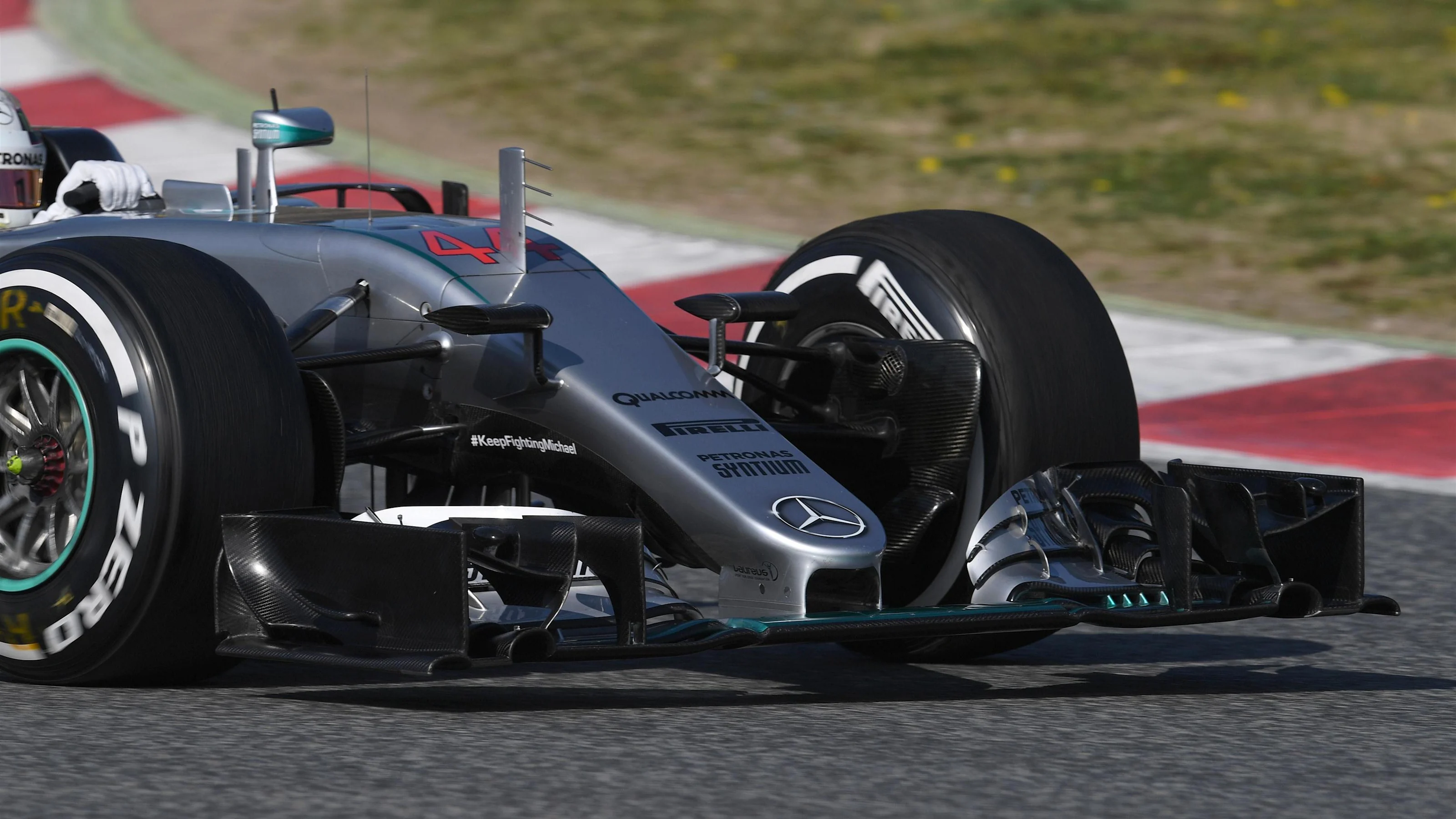 Mercedes-Benz F1 W07 Hybrid front wing detail at Formula One Testing, Day Four, Barcelona, Spain,