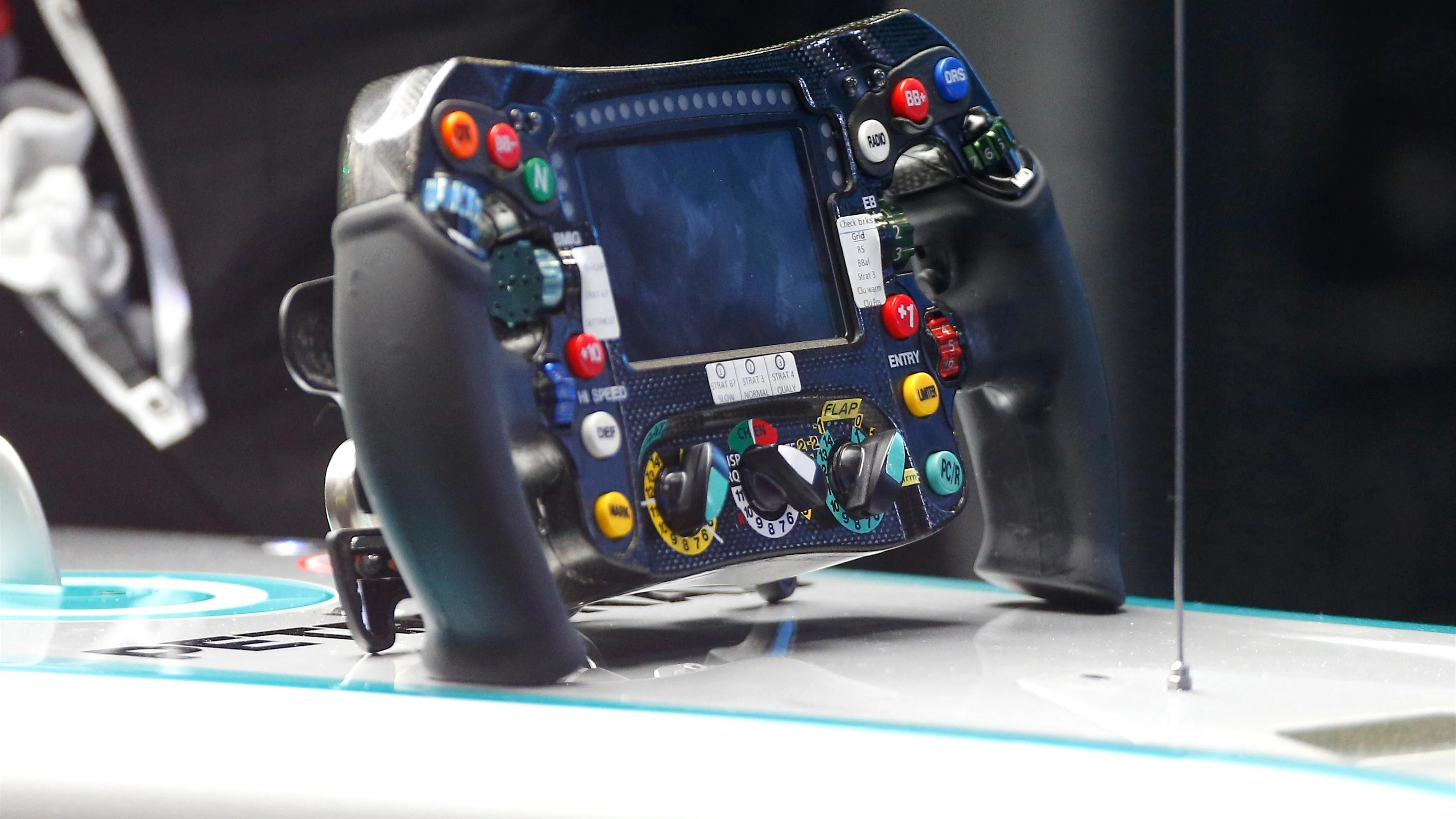 Mercedes-Benz F1 W07 Hybrid steering wheel at Formula One Testing, Day One, Barcelona, Spain, 17