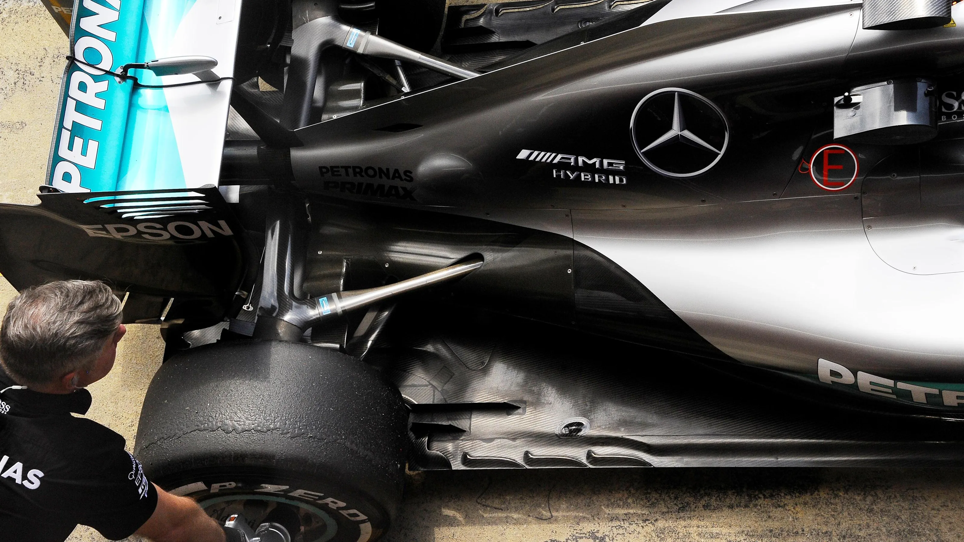Mercedes AMG F1 rera floor, rear wing and rear suspension at Formula One Testing, Day One,