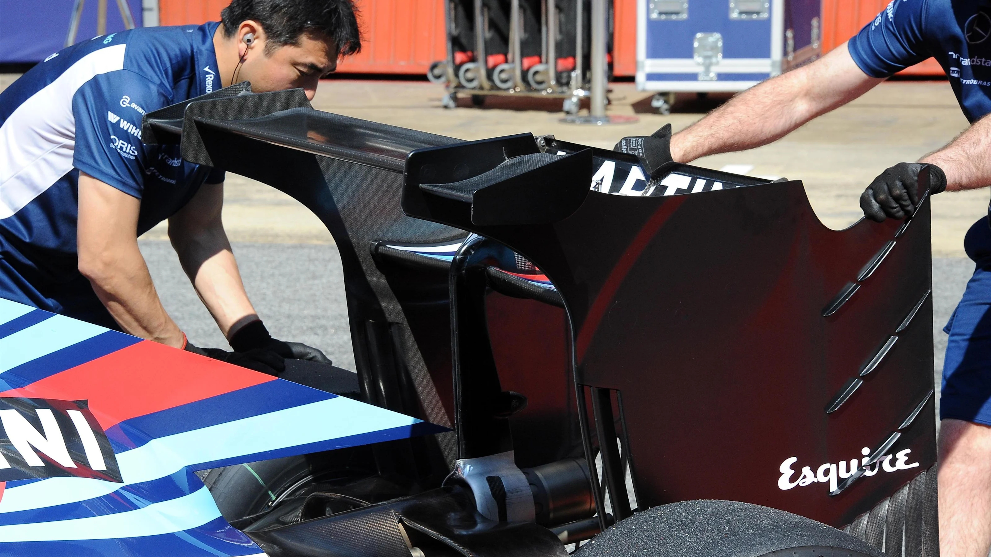 Williams FW38 rear wing detail at Formula One Testing, Day Two, Barcelona, Spain, 18 May 2016.