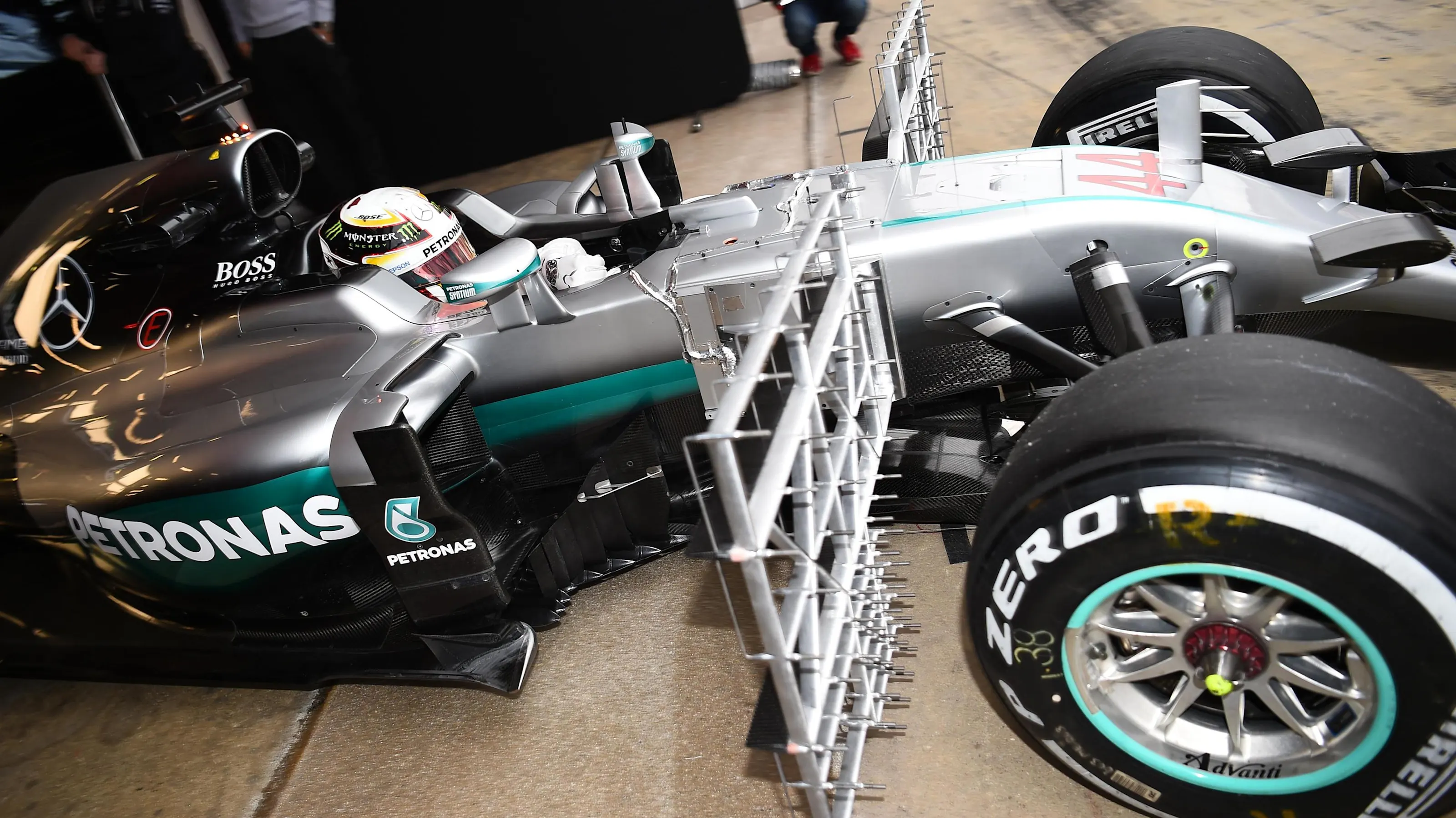 Lewis Hamilton (GBR) Mercedes-Benz F1 W07 Hybrid leaves the garage with aero sensors at Formula One