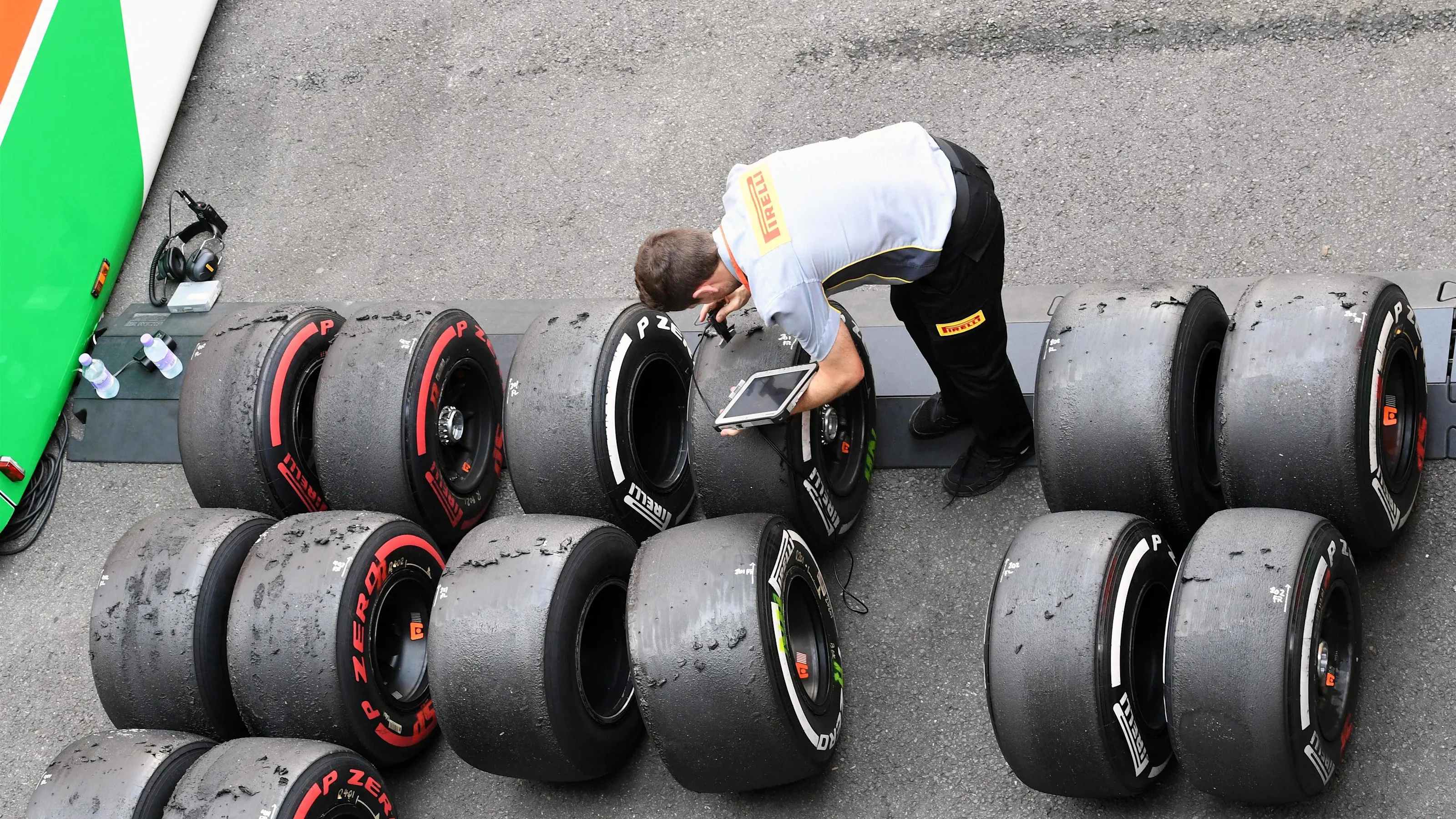 Pirelli engineer with Pirelli tyres at Formula One World Championship, Rd13, Belgian Grand Prix,